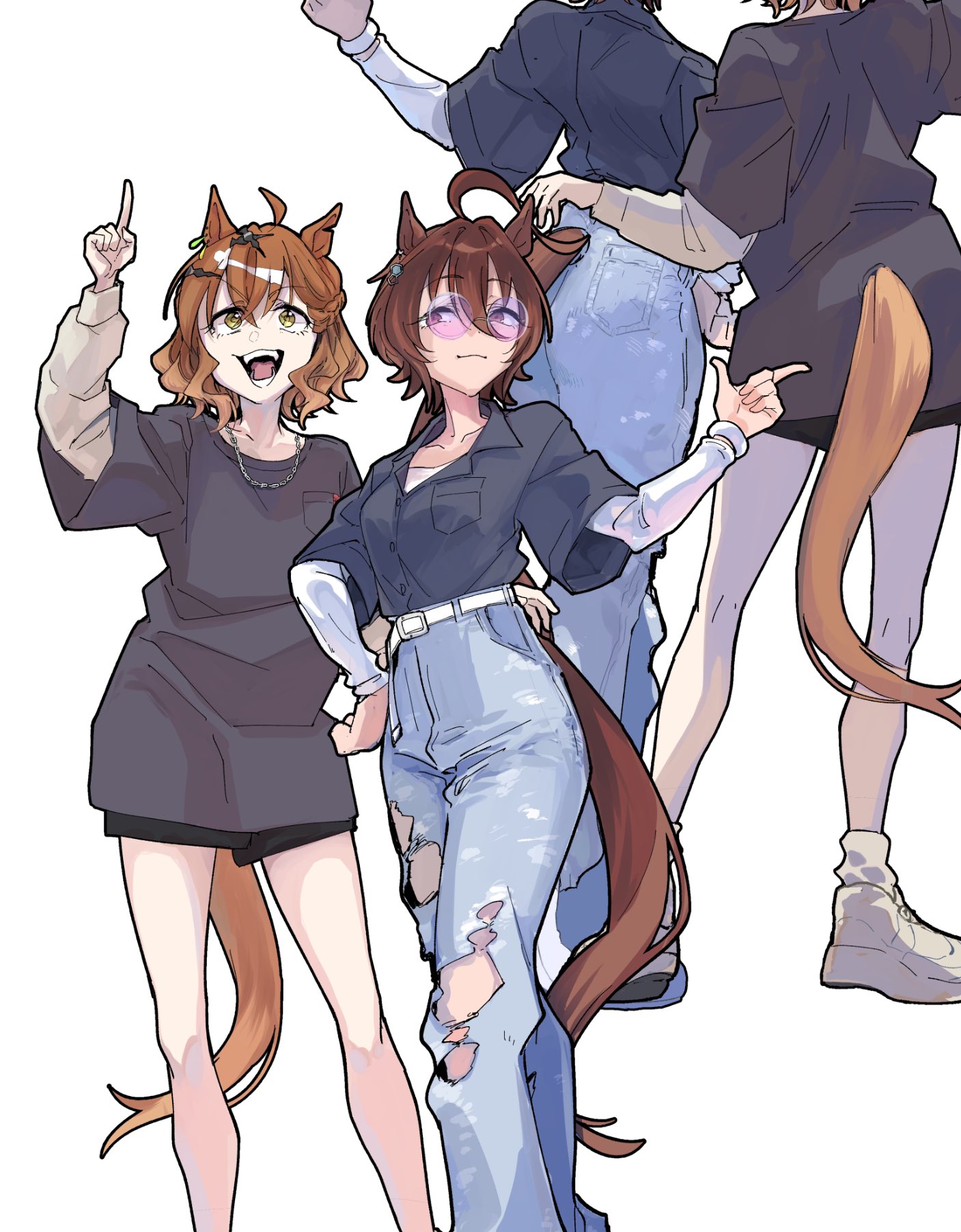 sonabaija, agnes tachyon (umamusume), jungle pocket (umamusume), umamusume, commentary request, highres, 2girls, ahoge, animal ears, arm around waist, black shirt, black shorts, blue pants, breasts, brown hair, chemical structure, closed mouth, clothing cutout, denim, earrings, hair between eyes, hair ornament, hairclip, horse ears, horse girl, horse tail, jeans, jewelry, layered sleeves, long shirt, long sleeves, medium hair, multiple girls, necklace, notched ear, open mouth, pants, purple-tinted eyewear, red eyes, shirt, shoes, short hair, short over long sleeves, short sleeves, shorts, single earring, smile, sunglasses, tail, tail through clothes, teeth, tinted eyewear, torn clothes, torn pants, white shirt, yellow eyes