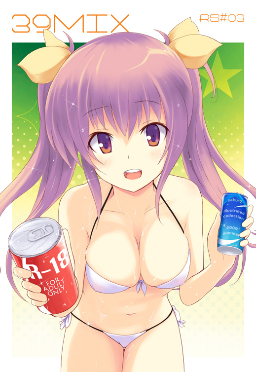 sakusaku, original, 1girl, bikini, breasts, can, cleavage, drink can, female focus, giving, large breasts, looking at viewer, purple eyes, purple hair, soda can, solo, swimsuit