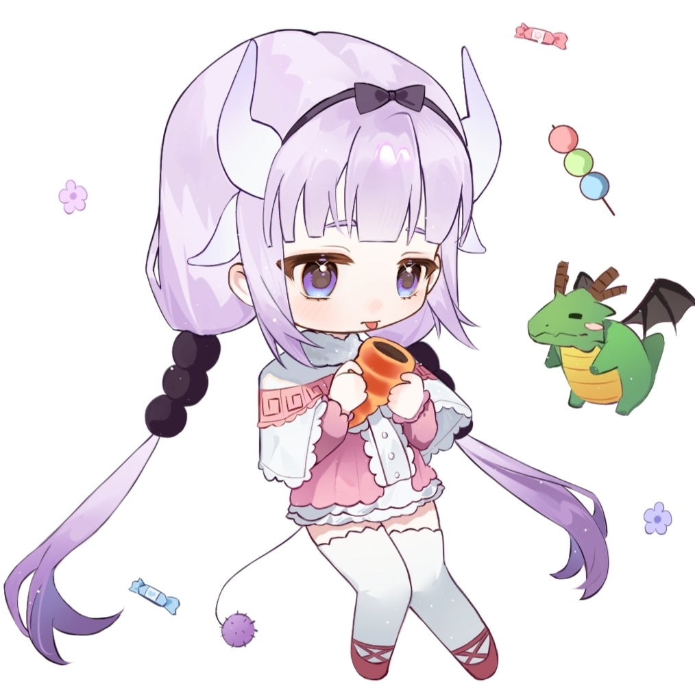 kanna kamui, kobayashi-san chi no maidragon, chinese commentary, commentary request, 1girl, absurdly long hair, black bow, black hairband, blue flower, blunt bangs, bow, bow hairband, buttons, candy, capelet, chibi, dango, dragon, dragon girl, dragon horns, expressionless, flower, food, frilled jacket, frilled skirt, frilled sleeves, frills, fur scarf, hair bobbles, hair ornament, hairband, holding, holding party popper, horns, jacket, lace-trimmed capelet, lace trim, long hair, long sleeves, low twintails, microskirt, open clothes, open jacket, party popper, pink flower, pink jacket, pink shoes, purple hair, riliing, sanshoku dango, scarf, shirt, shoes, simple background, skirt, solo, standing, tail, thighhighs, twintails, very long hair, wagashi, white background, white capelet, white horns, white scarf, white shirt, white skirt, white thighhighs