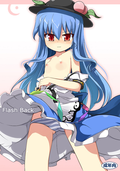 mamo williams, hinanawi tenshi, touhou, female focus, flat chest, hat, loli, panties, solo, striped clothes, striped panties, underwear, upskirt