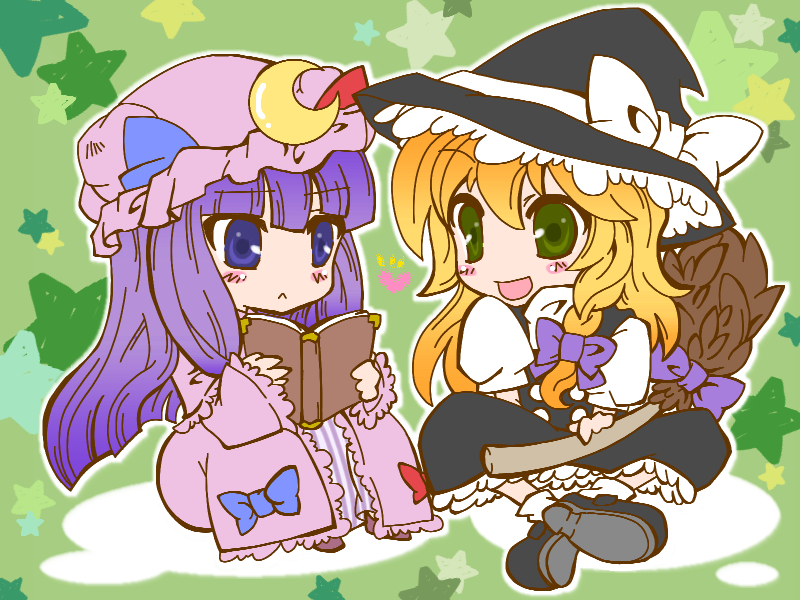 naokichi, kirisame marisa, patchouli knowledge, touhou, bad id, bad pixiv id, 2girls, :<, blonde hair, book, braid, broom, chibi, female focus, green eyes, hat, long hair, multiple girls, purple eyes, purple hair, sitting, witch, witch hat