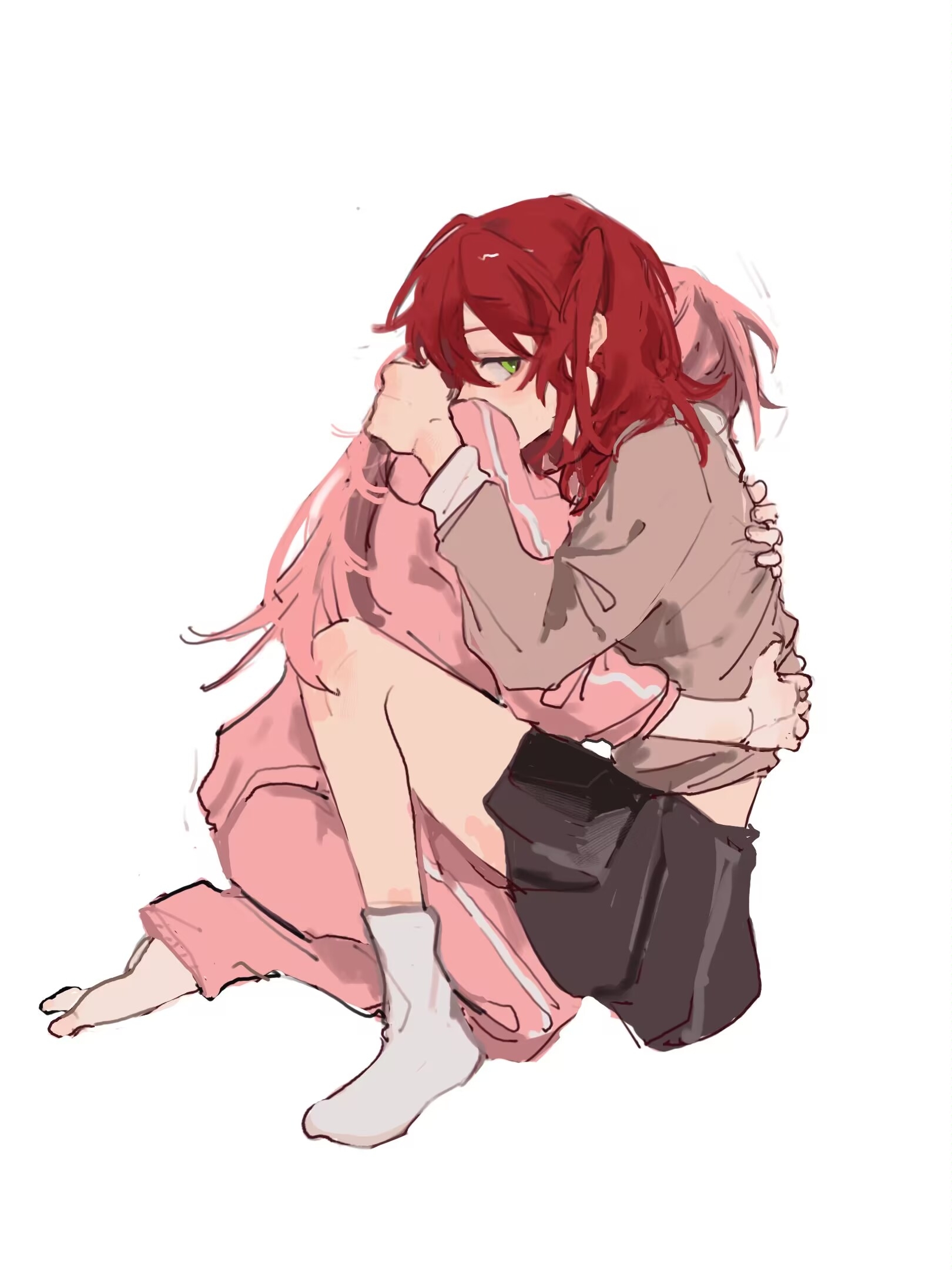 lingyi, gotoh hitori, kita ikuyo, bocchi the rock!, chinese commentary, commentary request, highres, 2girls, black skirt, brown jacket, green eyes, hair between eyes, hug, jacket, long hair, long sleeves, multiple girls, mutual hug, one side up, pants, pink hair, pink jacket, pink pants, pleated skirt, red hair, school uniform, shuka high school uniform, skirt, socks, track jacket, track pants, white socks, yuri