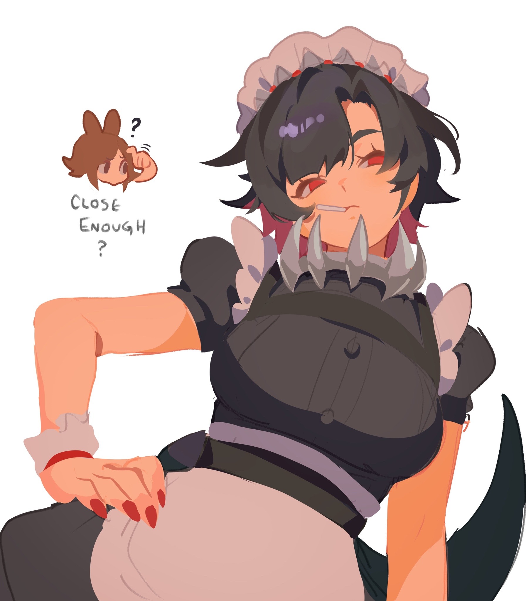 mararu, ellen joe, mihoyo, zenless zone zero, commentary, english commentary, highres, 2girls, ?, apron, artist self-insert, breasts, chest harness, cigarette, colored inner hair, english text, frilled wristband, from below, glaring, hand on own hip, harness, maid, maid apron, maid headdress, multicolored hair, multiple girls, no lineart, puffy sleeves, red eyes, red nails, short hair, simple background, smoking, solo focus, swept bangs, tan, white background