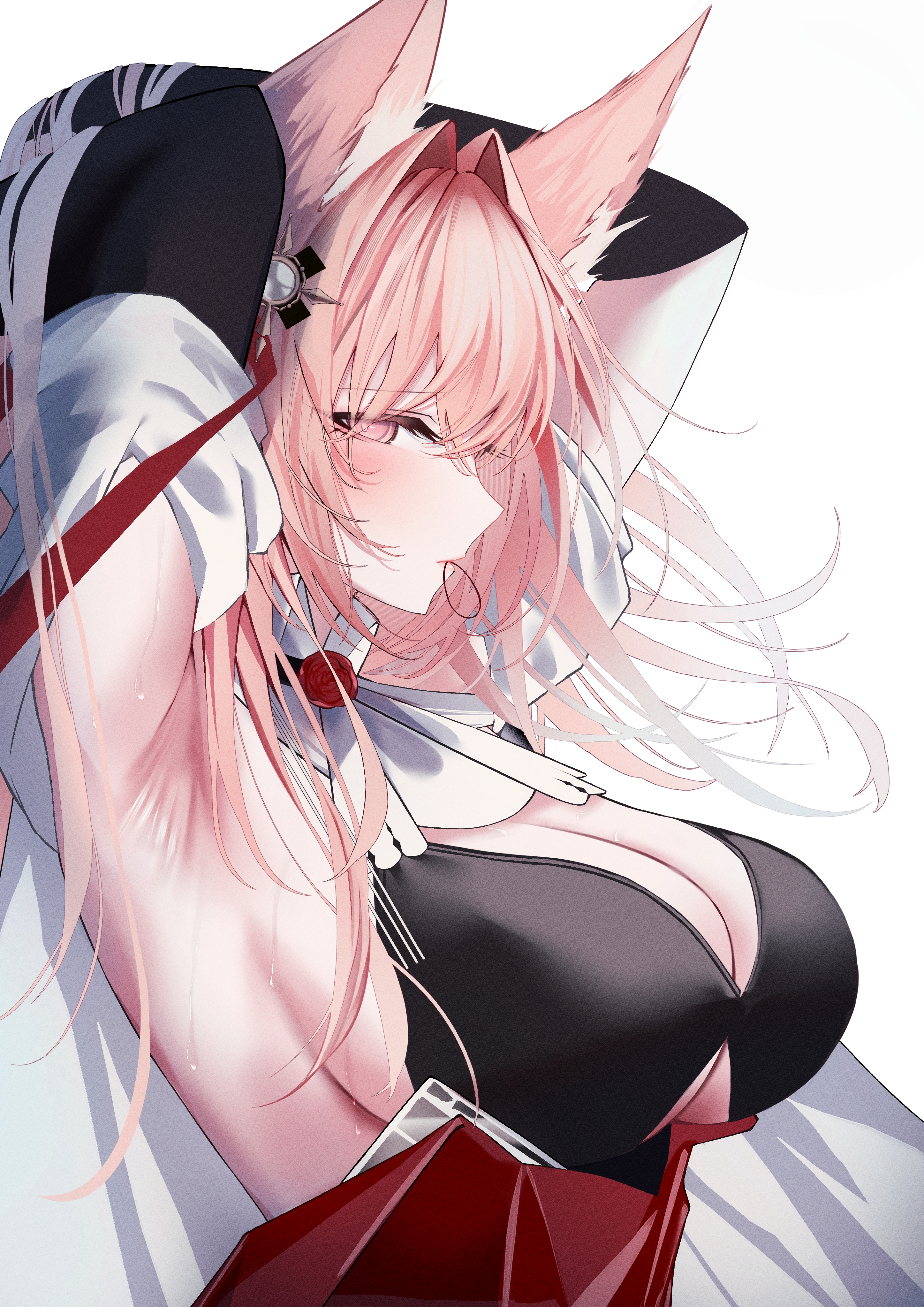mo komo momo, pozyomka (arknights), arknights, absurdres, commentary request, highres, 1girl, animal ears, armpits, arms up, black shirt, breasts, cleavage, from side, hair tie in mouth, large breasts, long hair, mouth hold, pink eyes, pink hair, shirt, simple background, solo, upper body, very long hair, white background, wolf ears, wolf girl