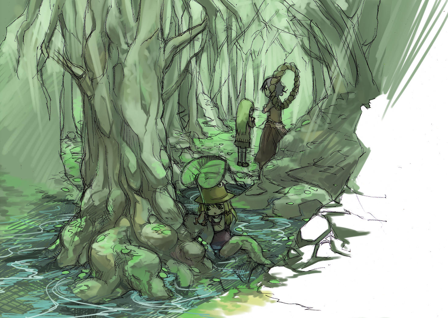 tokomichi, kochiya sanae, moriya suwako, yasaka kanako, touhou, bad id, bad pixiv id, 3girls, aged down, blonde hair, female focus, forest, frog, green hair, hat, long hair, multiple girls, nature, outdoors, plant, purple hair, rope, short hair, skirt