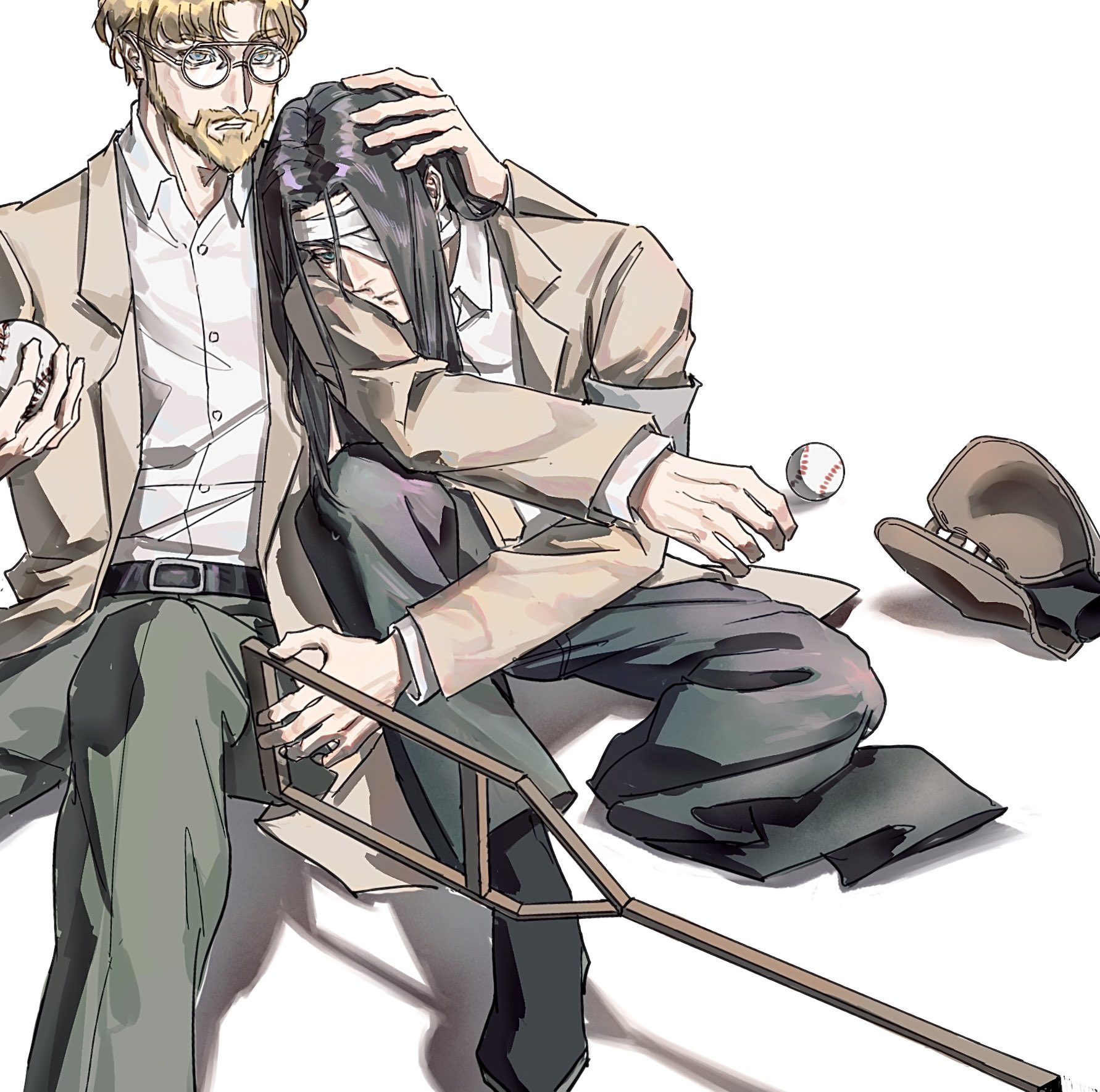 eren yeager, zeke yeager, shingeki no kyojin, commentary, english commentary, highres, 2boys, aminogoose77, armband, ball, bandaged head, bandages, baseball (object), baseball glove, beard, belt, black belt, black pants, black shoes, blonde hair, blue eyes, brothers, brown hair, brown jacket, collared shirt, crutch, facial hair, glasses, green pants, grey armband, hair between eyes, hand on another's head, holding, holding ball, holding crutch, jacket, long hair, male focus, multiple boys, pants, parted bangs, round eyewear, shirt, shoes, short hair, siblings, white background, white shirt
