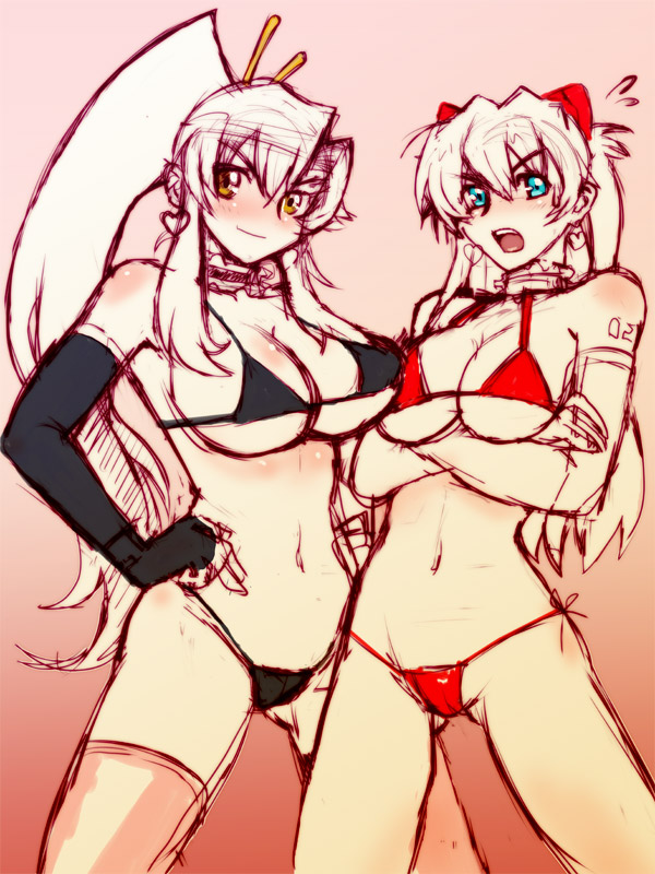zero hime, souryuu asuka langley, yoko littner, neon genesis evangelion, tengen toppa gurren lagann, bad id, bad pixiv id, 00s, 2girls, bikini, black bikini, breasts, choker, crossed arms, crossover, earrings, elbow gloves, fingerless gloves, gloves, hands on own hips, heart, heart earrings, jewelry, large breasts, multiple girls, open mouth, red bikini, side-tie bikini bottom, simple background, swimsuit, thighhighs