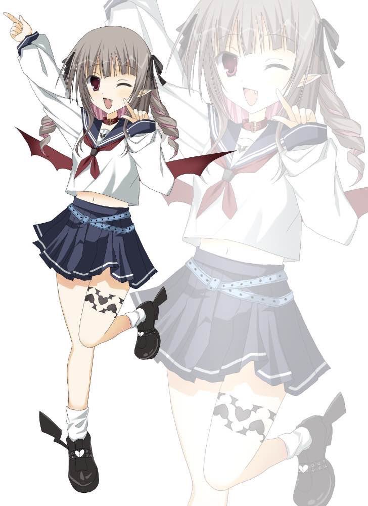 makaino ririmu, makaino ririmu (4th costume), nijisanji, hashtag-only commentary, jpeg artifacts, 1girl, 2000s (style), ;d, belt, black ribbon, black shoes, blue belt, blue sailor collar, blue skirt, blunt bangs, blush, brown hair, collar, colored inner hair, crop top, curly hair, fang, faux retro artstyle, full body, hair ribbon, index finger raised, jpeg artifacts on purpose, leg tattoo, long sleeves, looking at viewer, medium hair, midriff peek, miniskirt, multicolored hair, multiple belts, navel, neckerchief, one eye closed, open mouth, p8vpdb, pink hair, pleated skirt, pointy ears, red collar, red eyes, red neckerchief, ribbon, sailor collar, school uniform, serafuku, shirt, shoes, sidelocks, skirt, smile, socks, solo, tattoo, two side up, virtual youtuber, white background, white shirt, white socks, winged shoes, wings, zoom layer