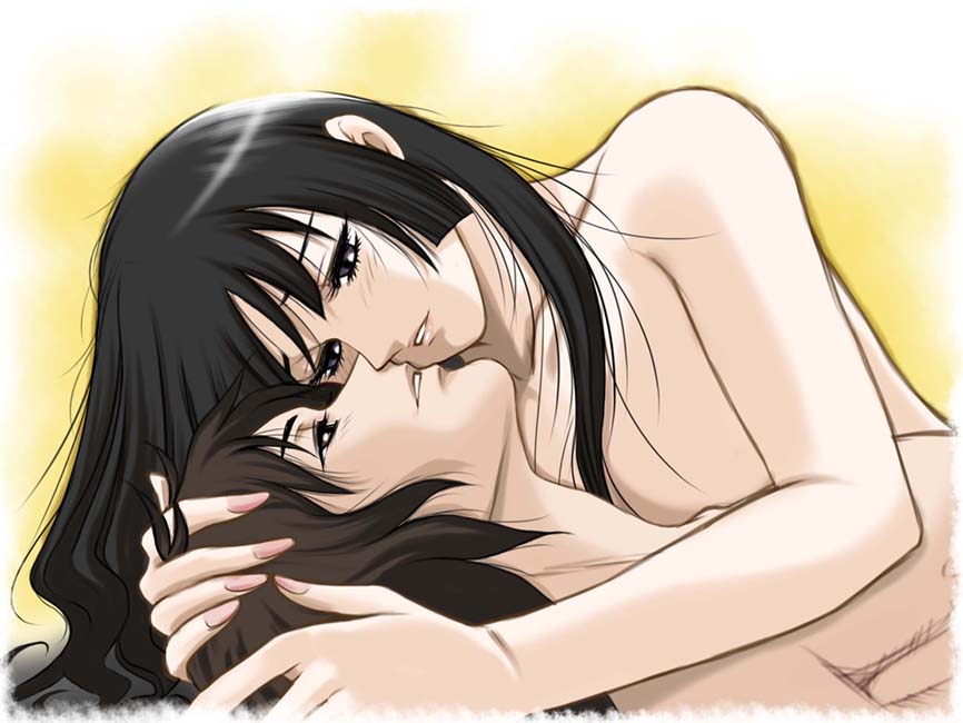 sabachiyo land, iizuna noriyuki, isayama yomi, izuna noriyuki, ga-rei, ga-rei zero, 00s, 2girls, black hair, blush, brown hair, fingernails, lips, long hair, multiple girls, short hair, yuri