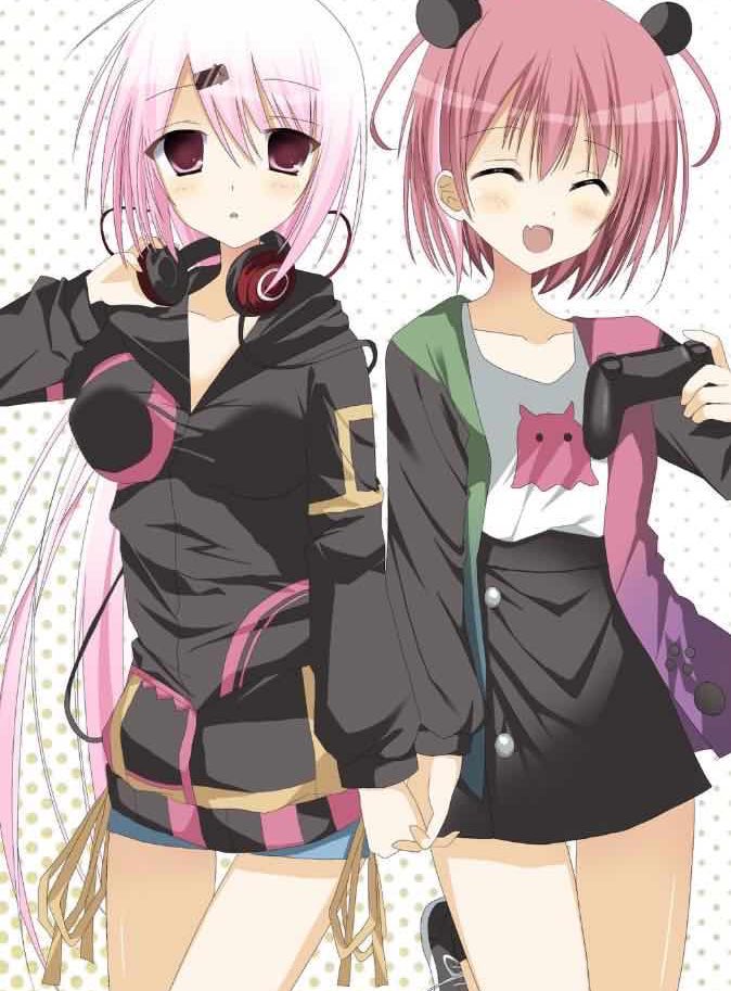 sasaki saku, sasaki saku (2nd costume), shiina yuika, shiina yuika (2nd costume), nijisanji, hashtag-only commentary, jpeg artifacts, 2000s (style), 2girls, :o, ^ ^, black hoodie, black skirt, black sleeves, blue shorts, blush, closed eyes, controller, cowboy shot, expressionless, faux retro artstyle, game controller, gradient hair, green jacket, hair between eyes, hair ornament, hair ribbon, hand on headphones, headphones, headphones around neck, high-waist skirt, holding, holding controller, hood, hood down, hoodie, interlocked fingers, jacket, jpeg artifacts on purpose, long hair, long sleeves, looking at viewer, low ponytail, miniskirt, multicolored hair, multicolored jacket, multiple girls, open clothes, open jacket, p8vpdb, parted lips, pink eyes, pink hair, pink jacket, polka dot, polka dot background, pom pom (clothes), pom pom hair ornament, ponytail, print shirt, red ribbon, ribbon, shirt, short hair, short shorts, shorts, sidelocks, skirt, two-tone hair, two-tone jacket, very long hair, virtual youtuber, white background, white hair, white shirt, white streaks