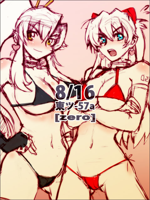 zero hime, souryuu asuka langley, yoko littner, gainax, neon genesis evangelion, tengen toppa gurren lagann, 00s, 2girls, bikini, breasts, company connection, crossed arms, large breasts, multiple girls, swimsuit, thighhighs