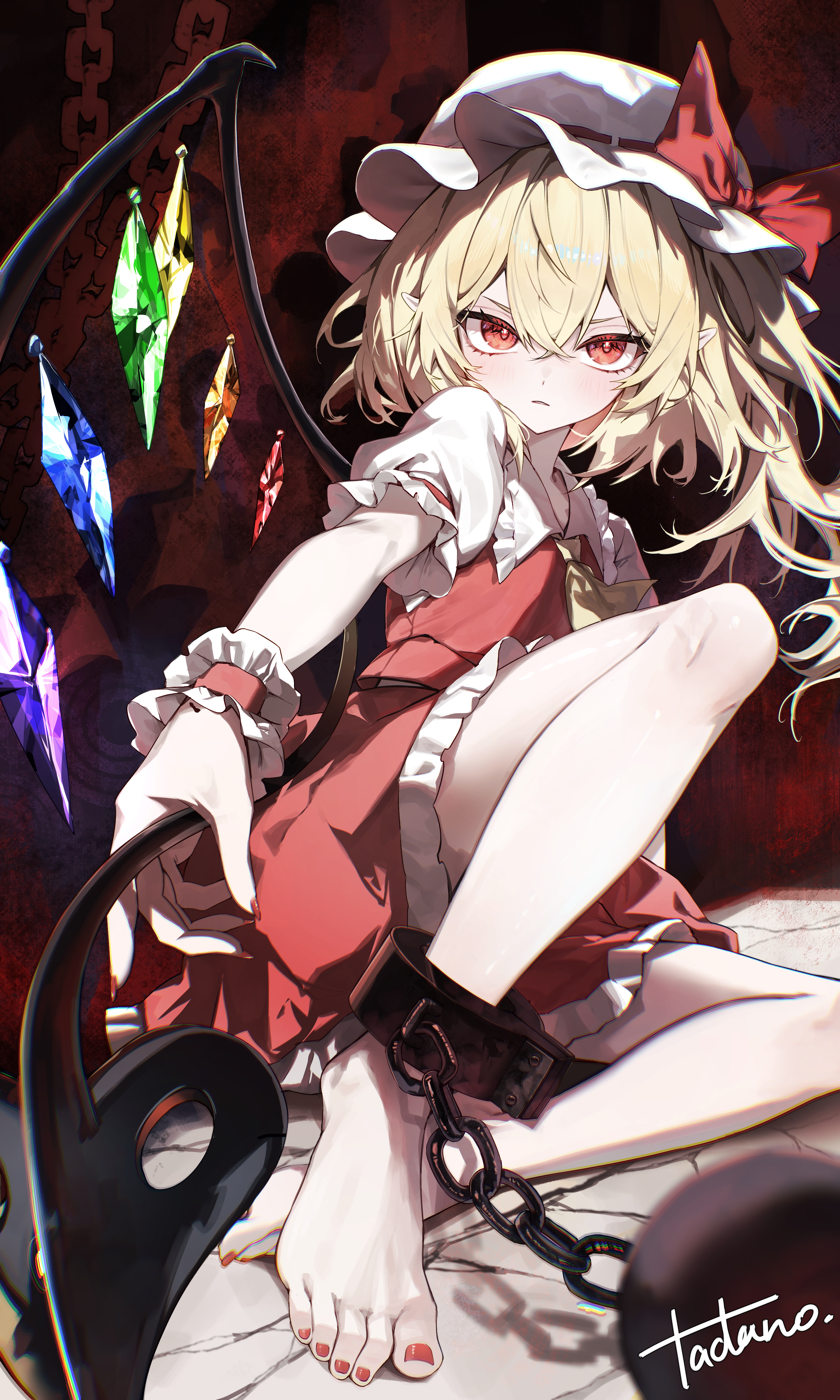 tadano1129, flandre scarlet, touhou, absurdres, commentary request, highres, 1girl, ascot, ball and chain restraint, barefoot, blonde hair, collared shirt, crystal, crystal wings, frilled shirt collar, frilled skirt, frills, hat, holding, holding weapon, laevatein (touhou), long hair, looking at viewer, mob cap, multicolored wings, one side up, pointy ears, puffy short sleeves, puffy sleeves, red eyes, red nails, red skirt, red vest, shirt, short sleeves, signature, skirt, skirt set, solo, toes, vest, weapon, white hat, white shirt, wings, wrist cuffs, yellow ascot