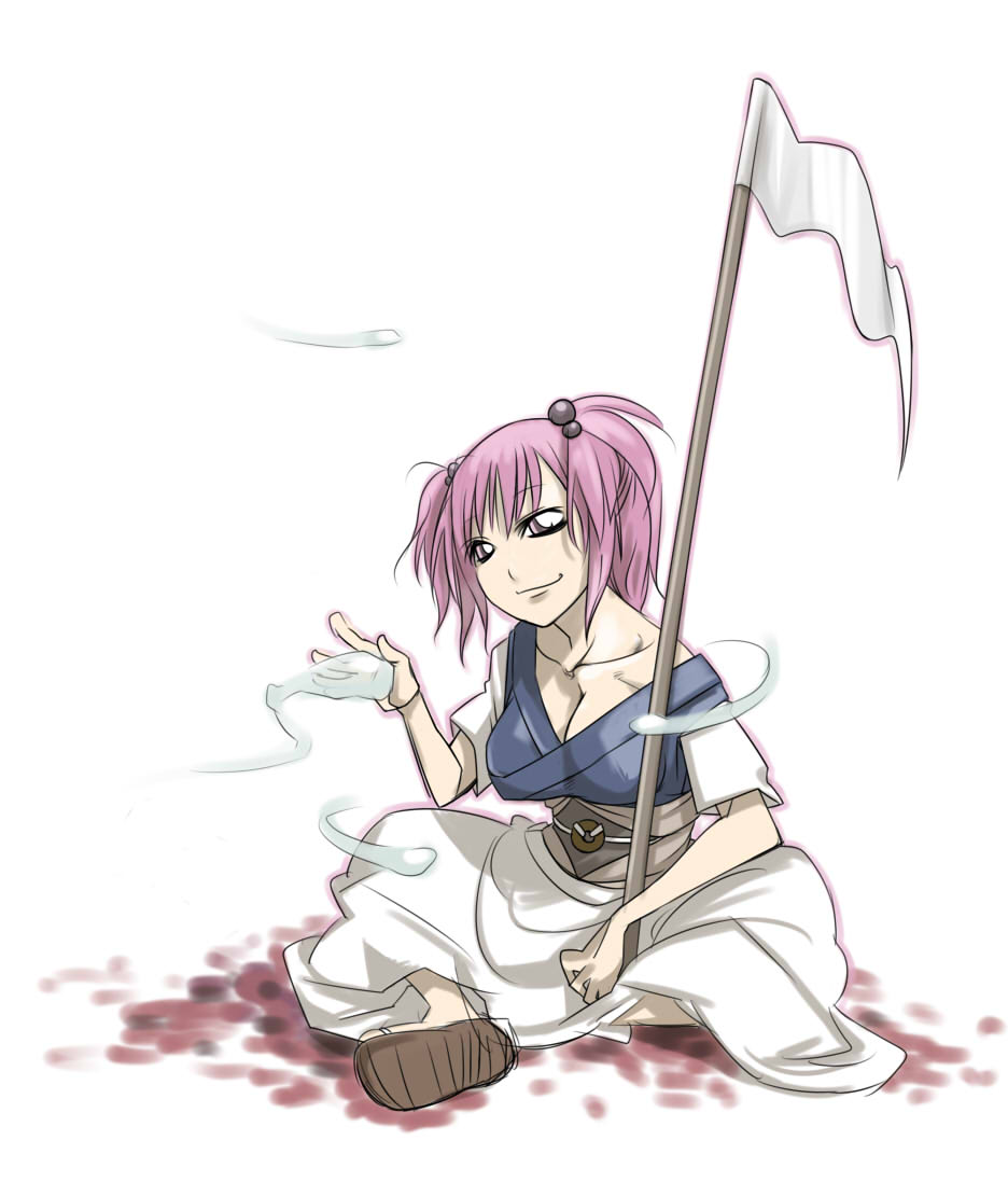 tokomichi, onozuka komachi, touhou, bad id, bad pixiv id, 1girl, breasts, cleavage, female focus, large breasts, scythe, short hair, solo, twintails, two side up