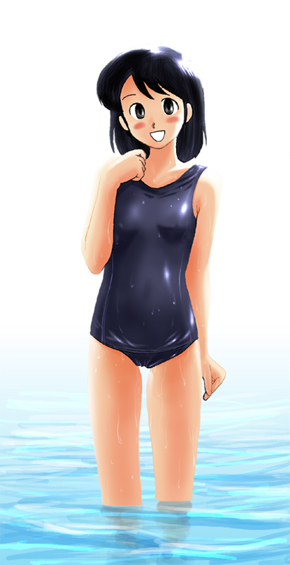 kumi (new crown), new crown, 1girl, blush, female focus, one-piece swimsuit, school swimsuit, solo, swimsuit, wading, water, wet