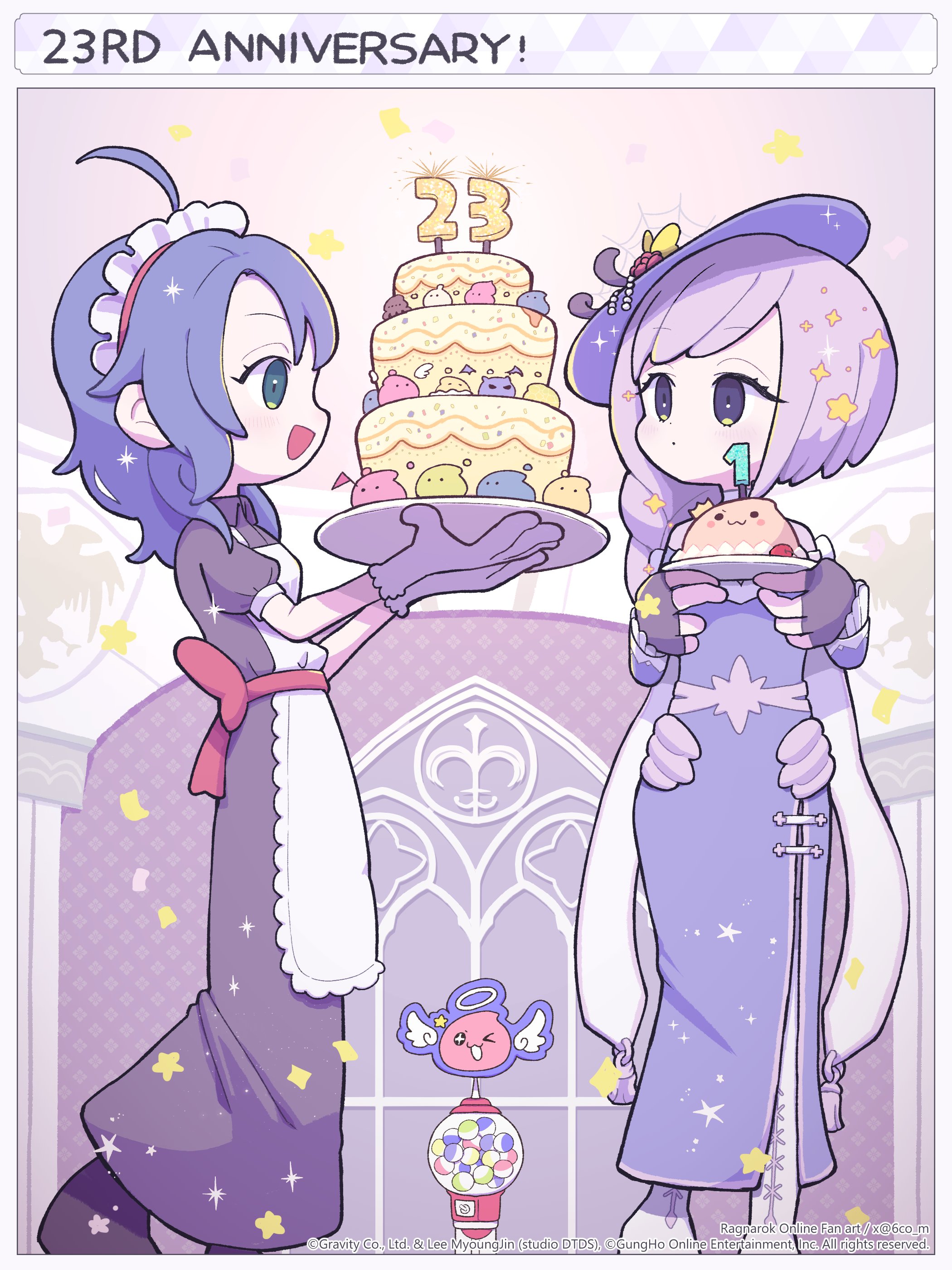 angeling, cardinal (ragnarok online), deviling, drops (ragnarok online), marin (ragnarok online), pavianne (ragnarok online), poporing, poring, ragnarok online, absurdres, commentary request, highres, 2girls, ahoge, anniversary, apron, black gloves, blue dress, blue hair, blue hat, boots, brown dress, cake, candy, chewing gum, dress, eggring, fingerless gloves, food, full body, gloves, green eyes, gumball, gumball machine, hat, hian (6co m), holding, holding cake, holding food, kafra uniform, long dress, long hair, looking at another, maid, maid headdress, medium hair, multiple girls, open mouth, puffy short sleeves, puffy sleeves, purple hair, red sash, sash, short sleeves, smile, standing, thigh boots, white apron, white boots, white gloves