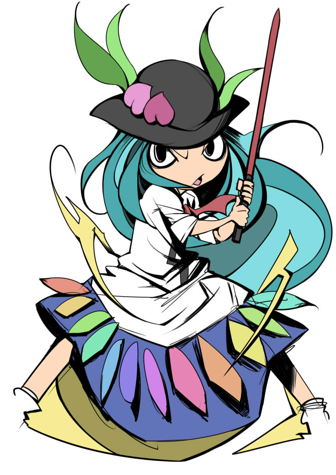 tokomichi, hinanawi tenshi, touhou, bad id, bad pixiv id, jpeg artifacts, 1girl, blue hair, female focus, fighting stance, food, fruit, hat, long hair, peach, solo, sword, sword of hisou, weapon