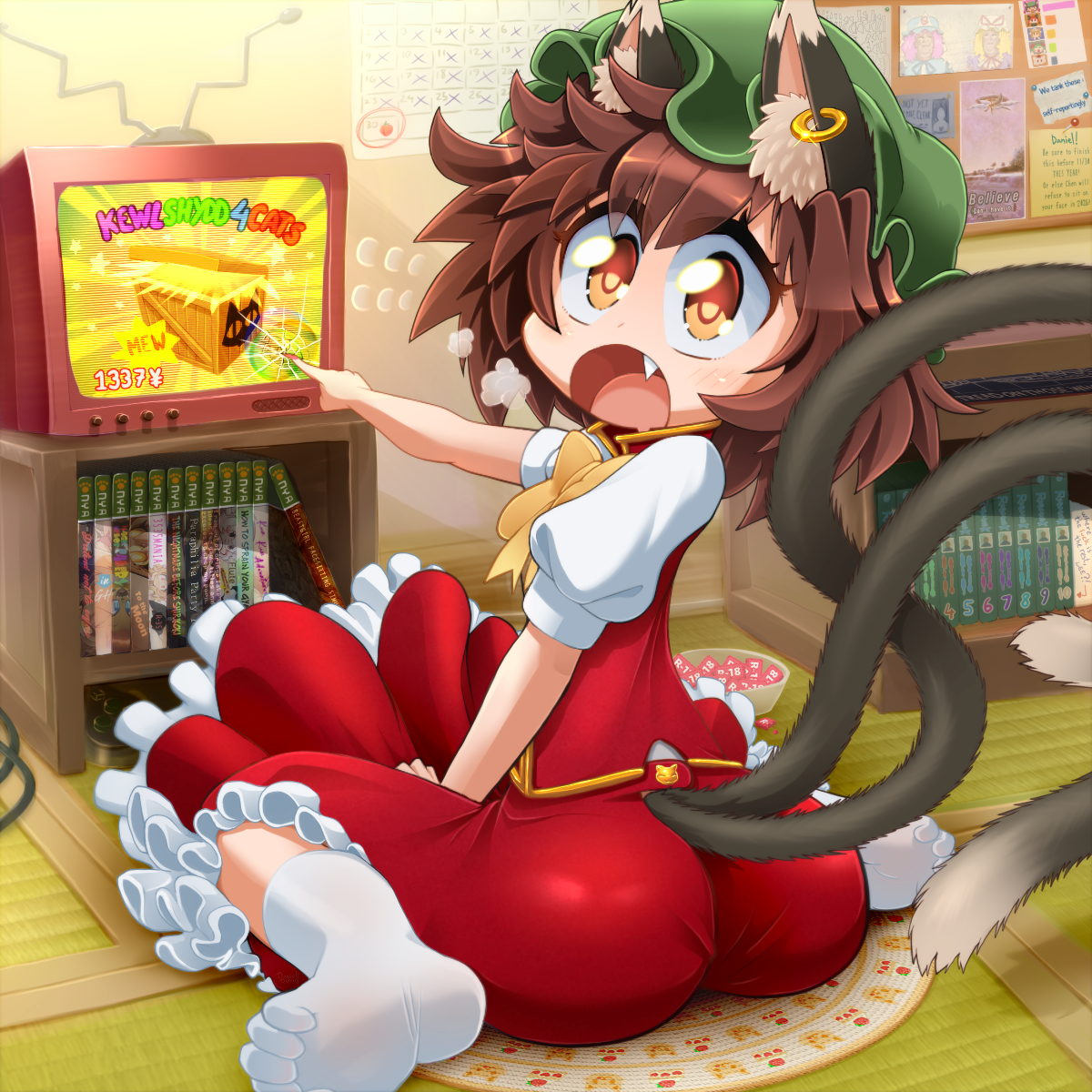 daniel renard, chen, touhou, highres, mixed-language commentary, 1337 (meme), 1girl, animal ear piercing, animal ears, ass, brown eyes, brown hair, cat ears, cat tail, controller, cracked screen, crt, earrings, fang, feet, game controller, green hat, hat, indoors, jewelry, meme, mob cap, multiple tails, nekomata, no shoes, open mouth, short hair, single earring, socks, soles, solo, tail, television, toes, two tails, watching television