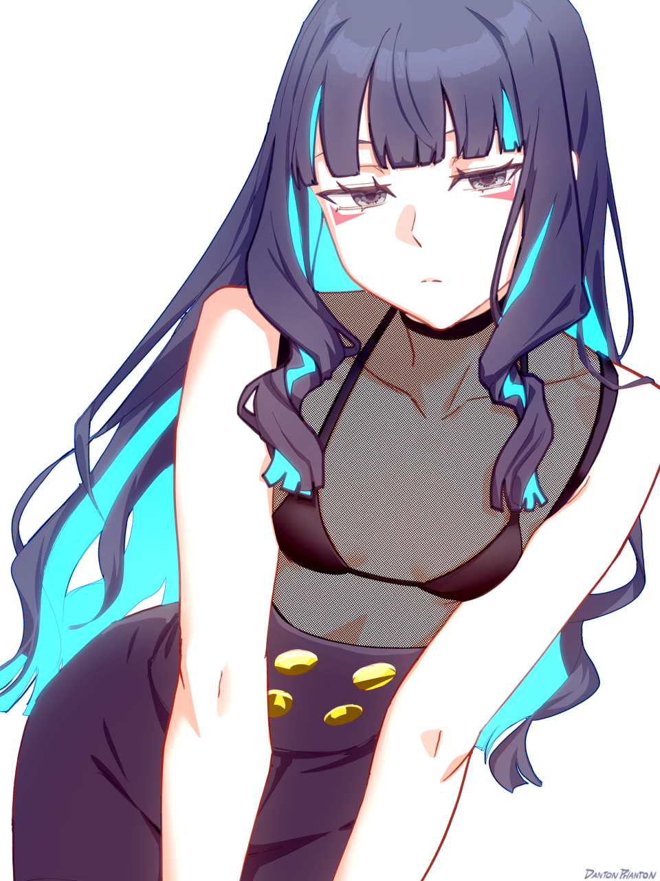 dantonphanton, tenochtitlan (fate), fate/grand order, fate (series), highres, 1girl, bare shoulders, black bra, black hair, black shorts, blue hair, bra, breasts, buttons, collarbone, colored inner hair, double-breasted, eyeliner, grey eyes, long hair, looking at viewer, makeup, multicolored hair, see-through clothes, shirt, shorts, sidelocks, sleeveless, sleeveless shirt, small breasts, underwear