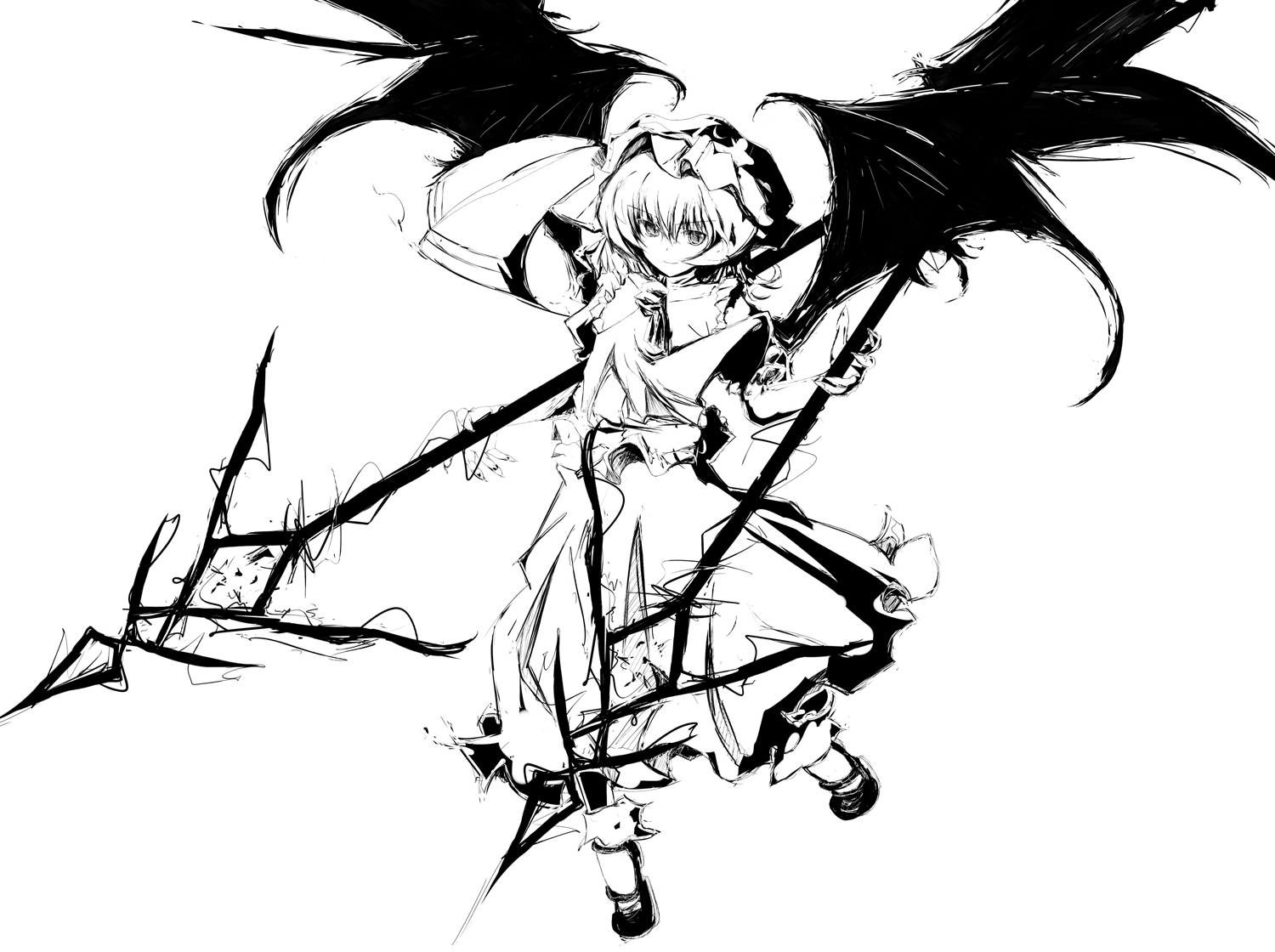 asagi (kabocha oukoku), hisago (pixiv), remilia scarlet, touhou, bad id, bad pixiv id, 1girl, bat wings, female focus, greyscale, monochrome, polearm, solo, spear, spear the gungnir, weapon, wings