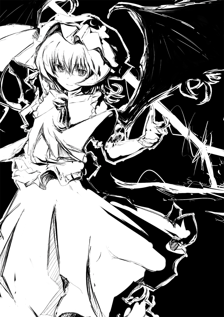 asagi (kabocha oukoku), hisago (pixiv), remilia scarlet, touhou, bad id, bad pixiv id, highres, 1girl, bat wings, female focus, greyscale, monochrome, polearm, solo, spear, spear the gungnir, weapon, wings