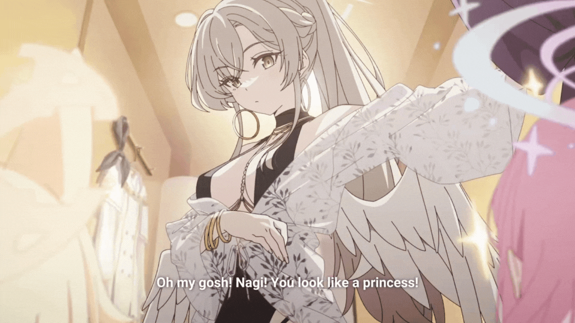 mika (blue archive), nagisa (blue archive), nagisa (swimsuit) (blue archive), seia (blue archive), blue archive, animated, animated gif, official art, bare shoulders, black one-piece swimsuit, blonde hair, breasts, brown eyes, brown hair, changing room, clothing cutout, feathered wings, halo, indoors, large breasts, long hair, looking at viewer, low wings, navel cutout, official alternate costume, official alternate hairstyle, one-piece swimsuit, pink hair, pink halo, ponytail, shirt, sidelocks, swimsuit, white halo, white shirt, white wings, wings, yellow halo