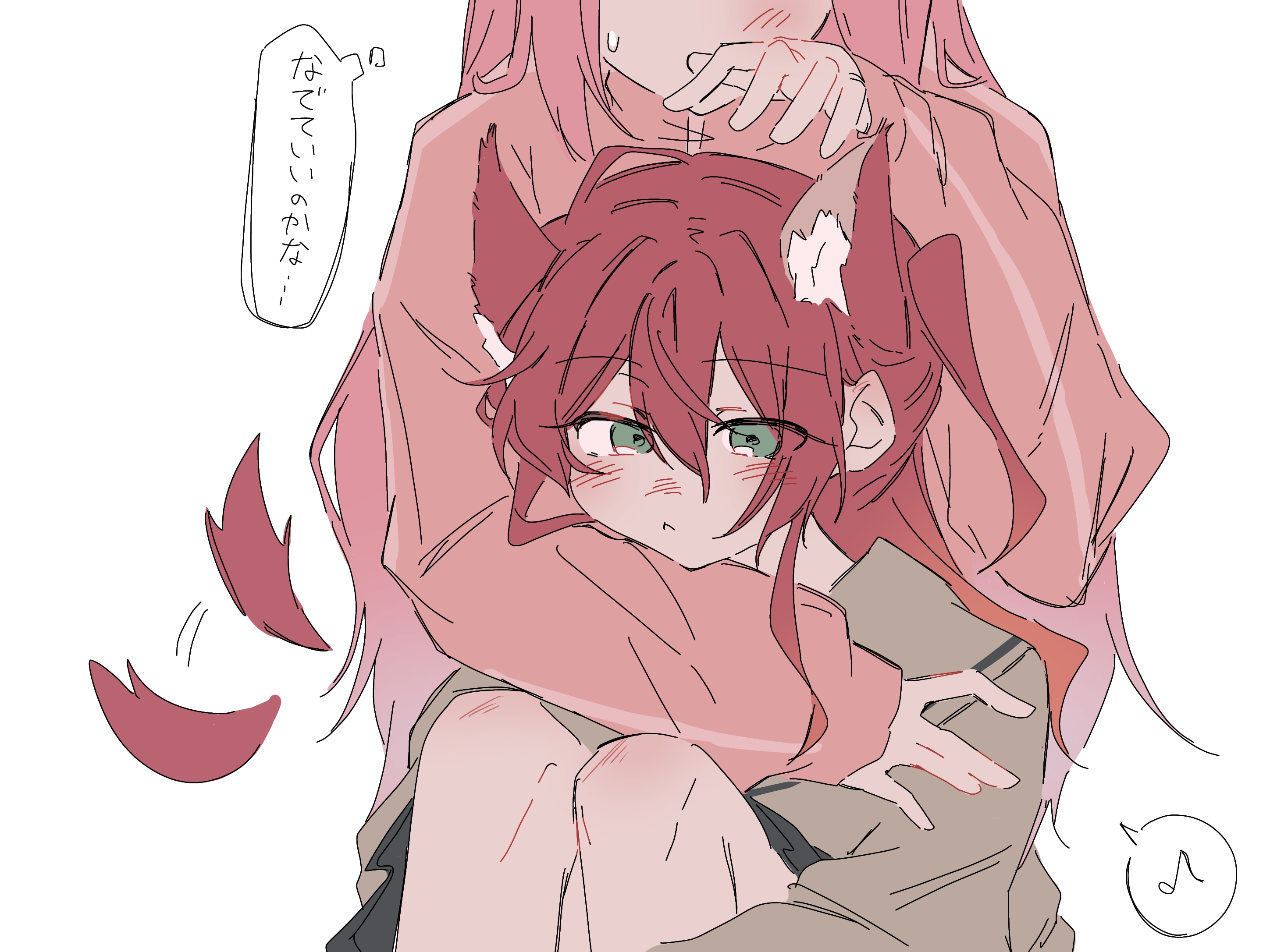 akng1110, gotoh hitori, kita ikuyo, bocchi the rock!, commentary request, highres, translation request, 2girls, animal ears, blush, brown shirt, closed mouth, dog ears, dog girl, dog tail, green eyes, hug, hug from behind, jacket, kemonomimi mode, long hair, multiple girls, musical note, one side up, pink hair, pink jacket, red hair, school uniform, shirt, shuka high school uniform, speech bubble, spoken musical note, tail, tail wagging, thought bubble, yuri