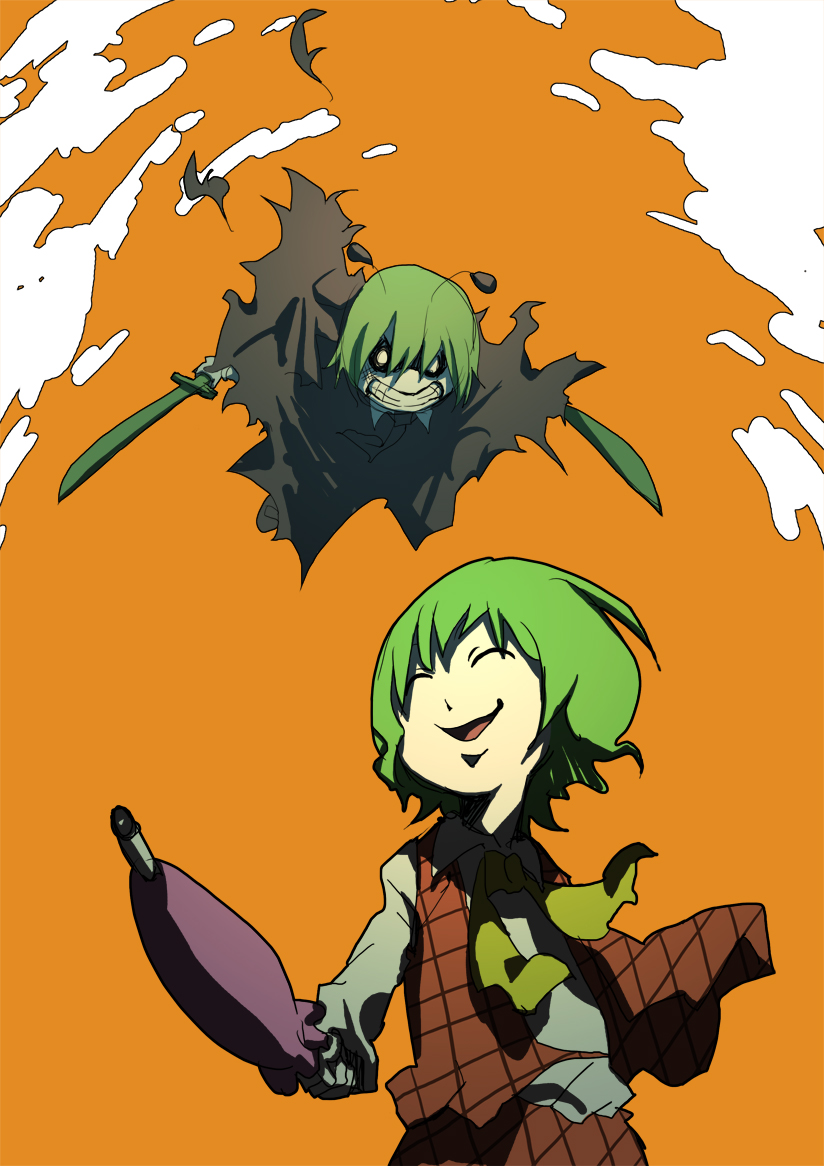 tokomichi, kazami yuuka, wriggle nightbug, touhou, 2girls, action, androgynous, antennae, ascot, clenched teeth, closed eyes, closed umbrella, dual wielding, female focus, green hair, holding, multiple girls, o o, orange background, parasol, plaid clothes, plaid skirt, plaid vest, reverse trap, short hair, skirt, skirt set, smile, sword, teeth, umbrella, vest, weapon
