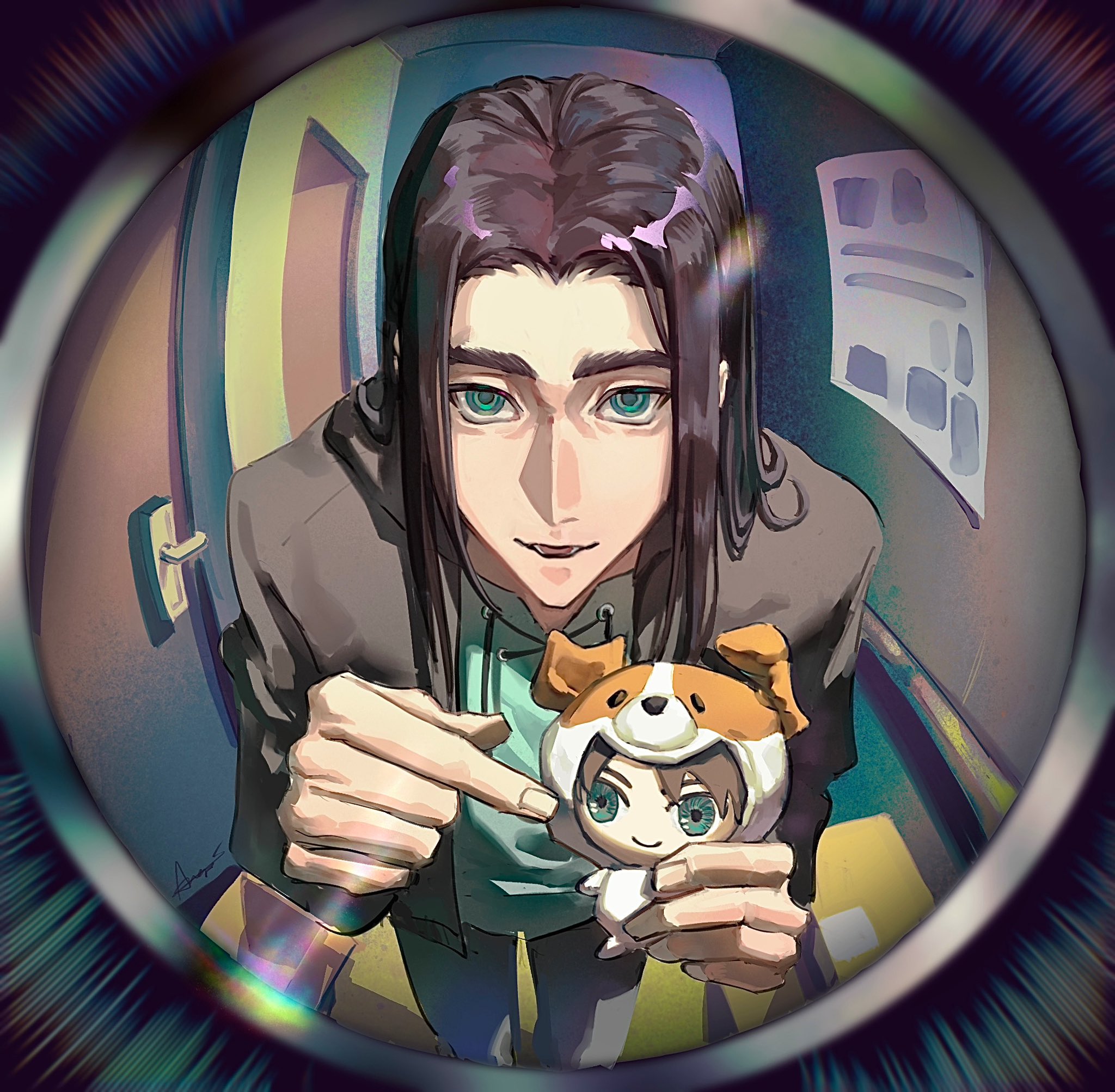 eren yeager, shingeki no kyojin, commentary, english commentary, highres, 1boy, aminogoose77, animal hood, brown hair, character doll, dog hood, doll, fisheye, green eyes, green shirt, grey jacket, grey pants, hood, indoors, jacket, long hair, looking at viewer, male focus, pants, parted bangs, parted lips, pointing, pointing at object, pov peephole, shirt, smile, solo