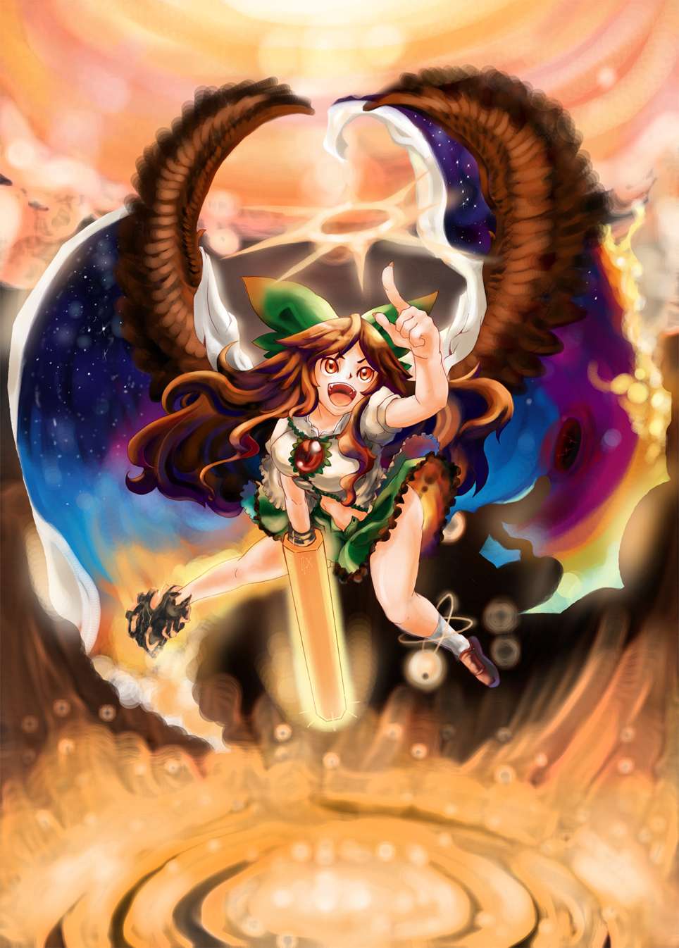 rekise, reiuji utsuho, touhou, highres, 1girl, asymmetrical clothes, asymmetrical footwear, bow, brown hair, female focus, long hair, midriff, mismatched footwear, no panties, red eyes, solo, wings