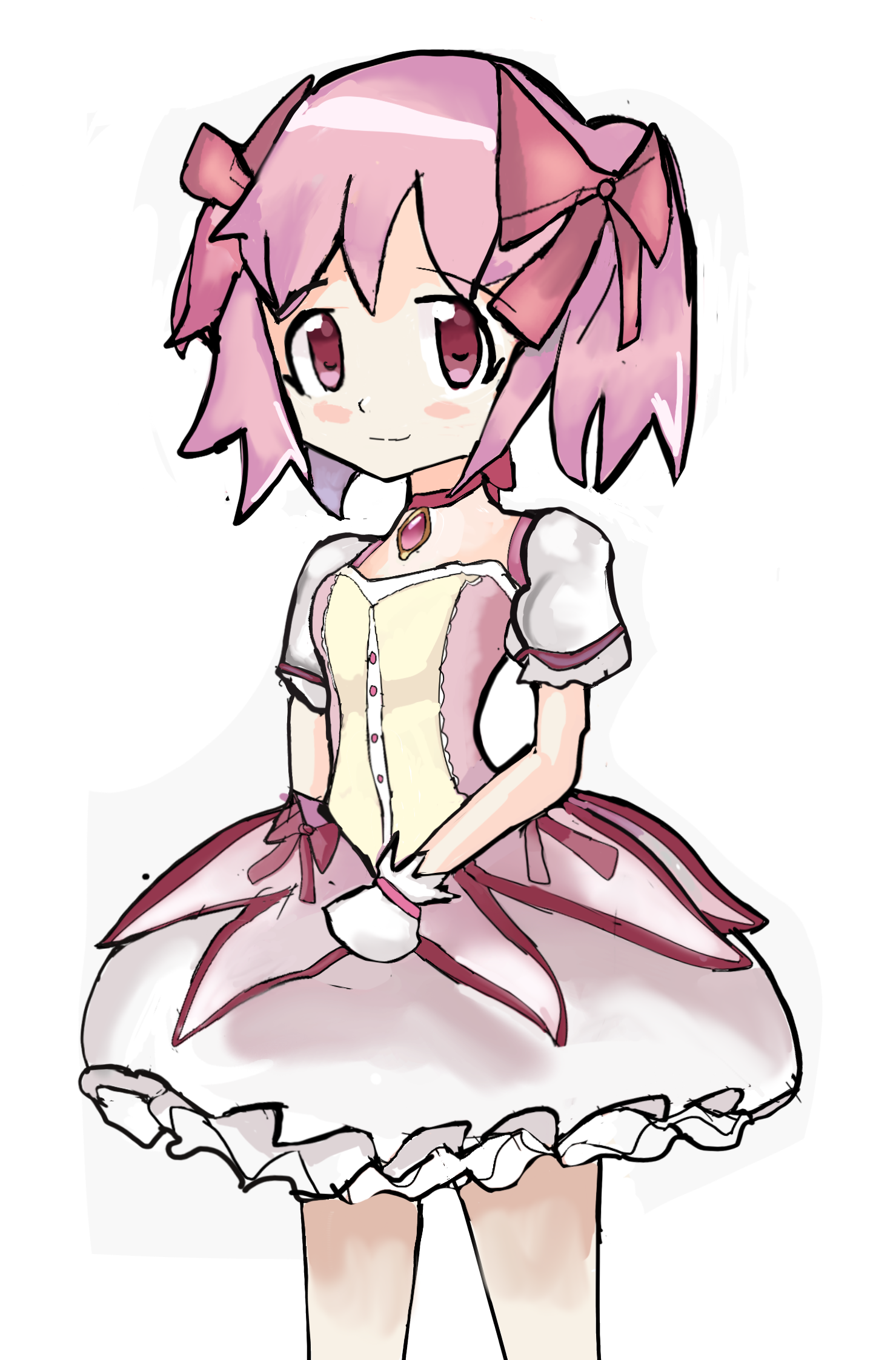 drawing4justice, kaname madoka, mahou shoujo madoka magica, commentary, english commentary, highres, 1girl, closed mouth, gloves, hair ribbon, looking at viewer, magical girl, pink eyes, pink hair, ribbon, smile, solo, white gloves