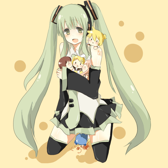 mono (recall), hatsune miku, kagamine len, kagamine rin, kaito (vocaloid), megurine luka, meiko (vocaloid), vocaloid, black legwear, bad id, bad pixiv id, 2boys, 4girls, blonde hair, blue hair, blush, brown hair, chibi, closed eyes, dying message, green eyes, green hair, multiple boys, multiple girls, pink hair, skirt, thighhighs, twintails