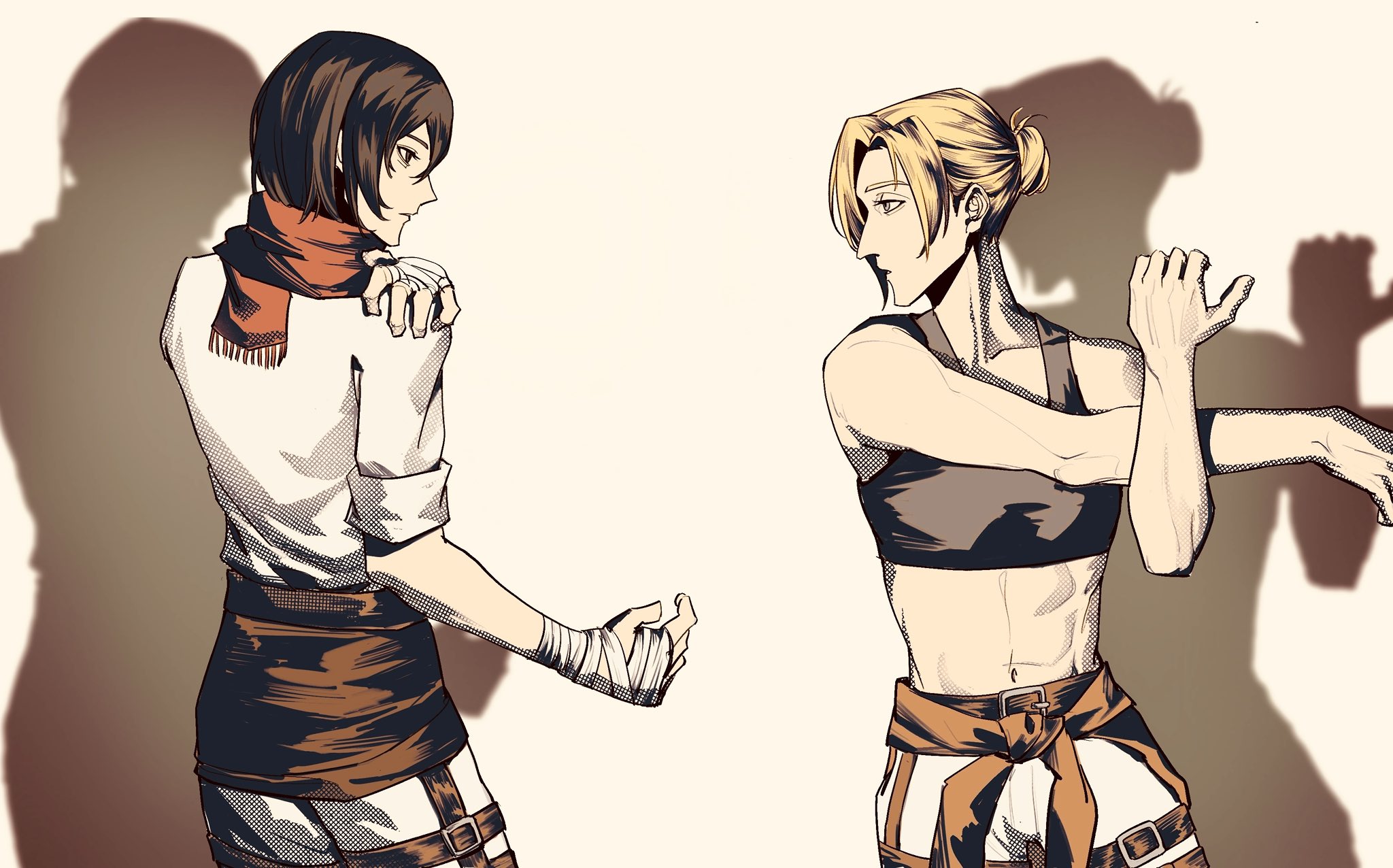 annie leonhart, mikasa ackerman, shingeki no kyojin, hashtag-only commentary, highres, 2girls, abs, aminogoose77, bandaged hand, bandages, belt, black bra, black hair, blonde hair, bra, breasts, brown belt, cowboy shot, hair between eyes, hair bun, hand on own shoulder, looking at another, medium breasts, medium hair, midriff, multiple girls, muscular, muscular female, pants, parted bangs, red scarf, scarf, shirt, short hair, sleeves rolled up, sports bra, stretching, underwear, updo, white pants, white shirt