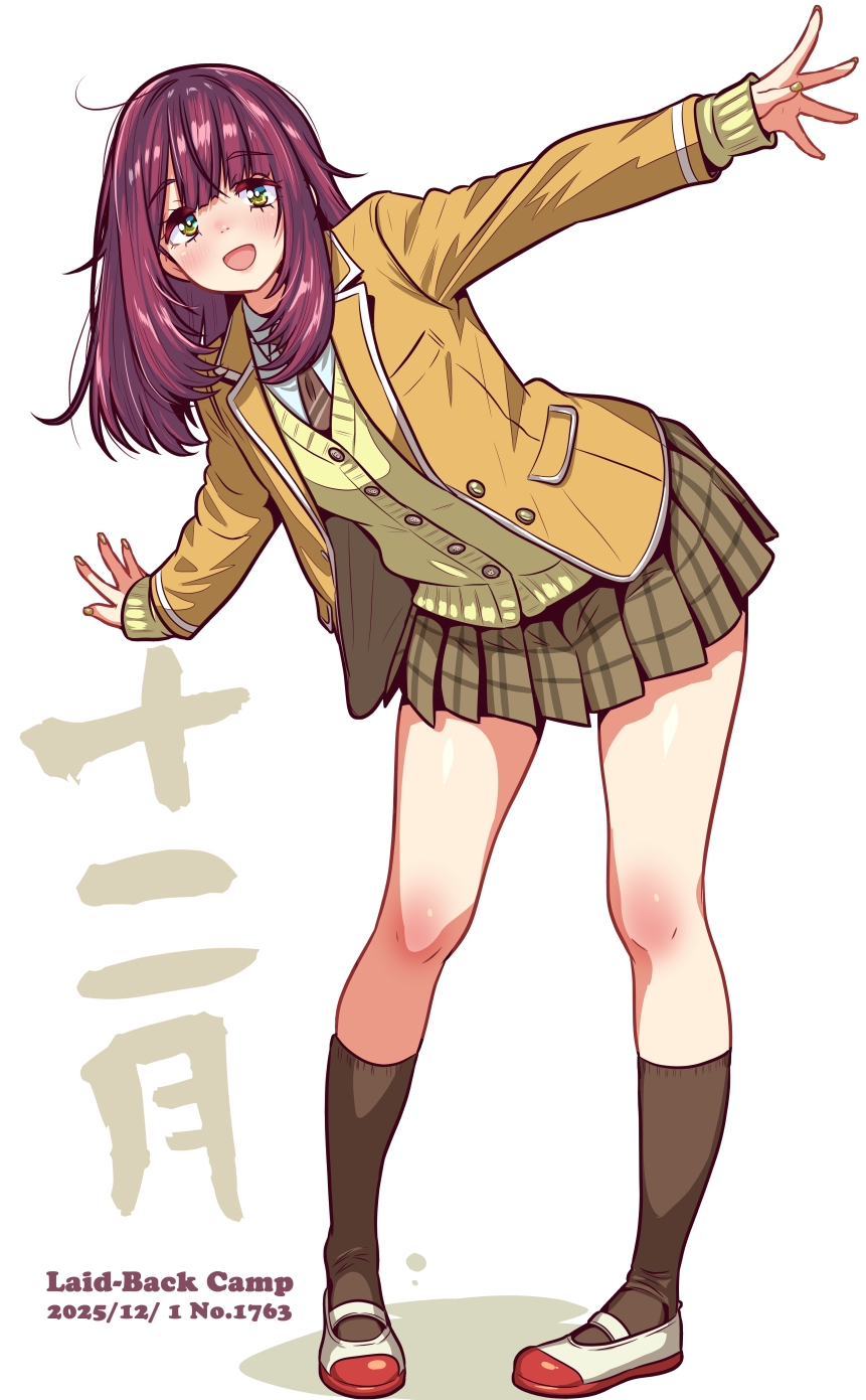 jagi (jagi souken), toki ayano, yurucamp, commentary request, highres, translation request, 1girl, arm up, black socks, brown skirt, closed mouth, copyright name, dated, full body, holding, leaning forward, long sleeves, medium hair, miniskirt, multicolored eyes, pleated skirt, purple hair, school uniform, shirt, shoes, skirt, smile, socks, solo, standing, sweater vest, white shirt, winged arms, wings, yellow sweater vest