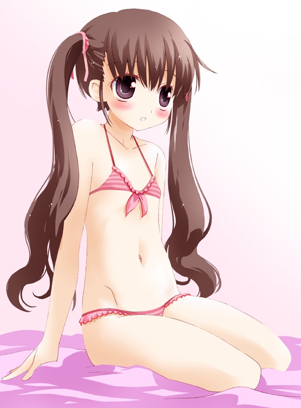 noto (soranoto), original, 1girl, bikini, brown hair, female focus, flat chest, pink bikini, solo, striped bikini, striped clothes, swimsuit, twintails