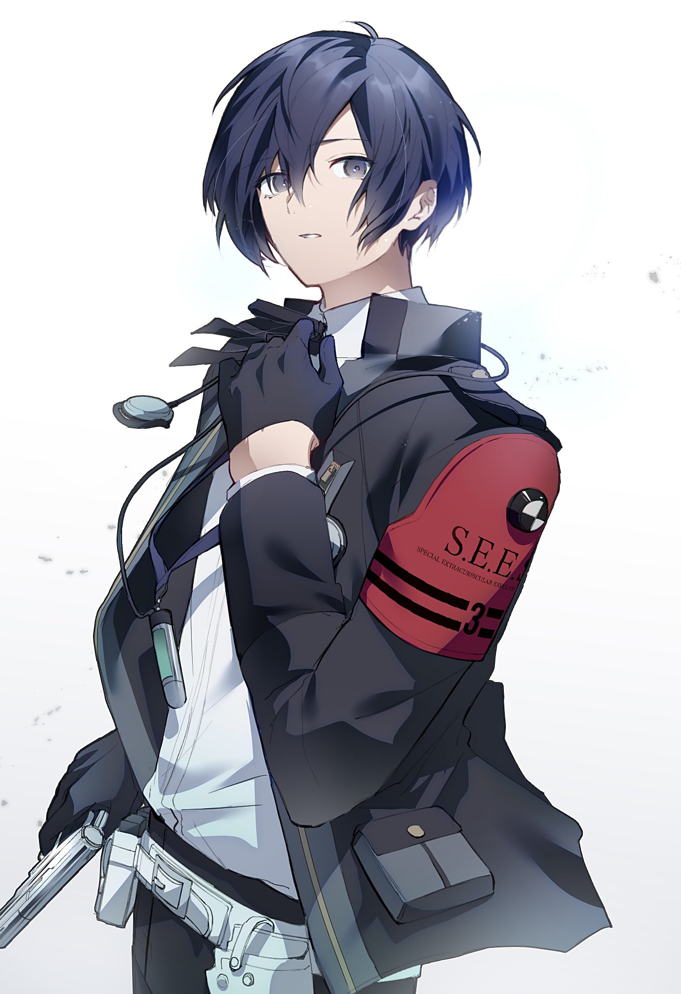 kadano 02, yuuki makoto (persona 3), persona, persona 3, highres, 1boy, arm up, armband, belt, black gloves, black jacket, black pants, blue eyes, blue hair, collared jacket, collared shirt, gekkoukan high school uniform, gloves, gun, handgun, headphones, headphones around neck, holding, holding gun, holding weapon, holster, jacket, layered sleeves, long sleeves, male focus, mp3 player, open clothes, open jacket, pants, parted hair, parted lips, red armband, s.e.e.s, school uniform, shirt, solo, standing, suit jacket, weapon, white background, white belt, white shirt, wing collar