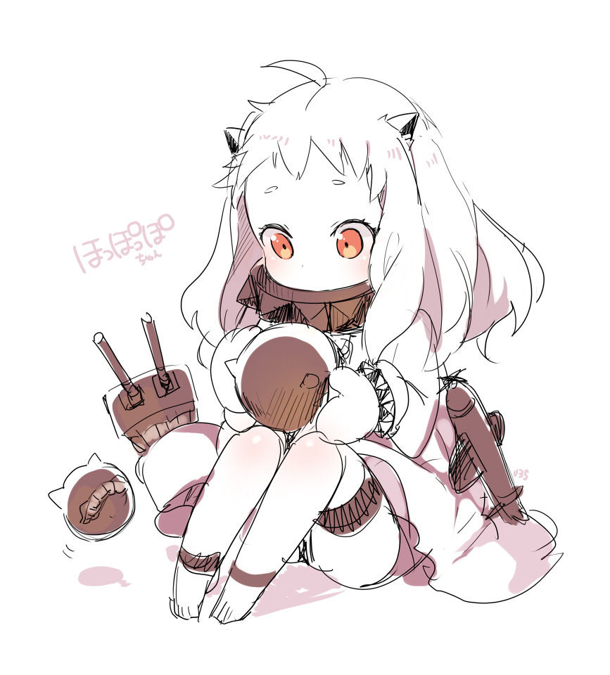 u35, enemy aircraft (kancolle), northern ocean princess, kantai collection, commentary request, translation request, 1girl, abyssal ship, aircraft, airplane, barefoot, blush, colored skin, covered mouth, dress, holding, horns, long hair, mittens, panties, red eyes, simple background, sitting, sketch, sleeveless, sleeveless dress, thigh strap, underwear, white background, white dress, white hair, white skin