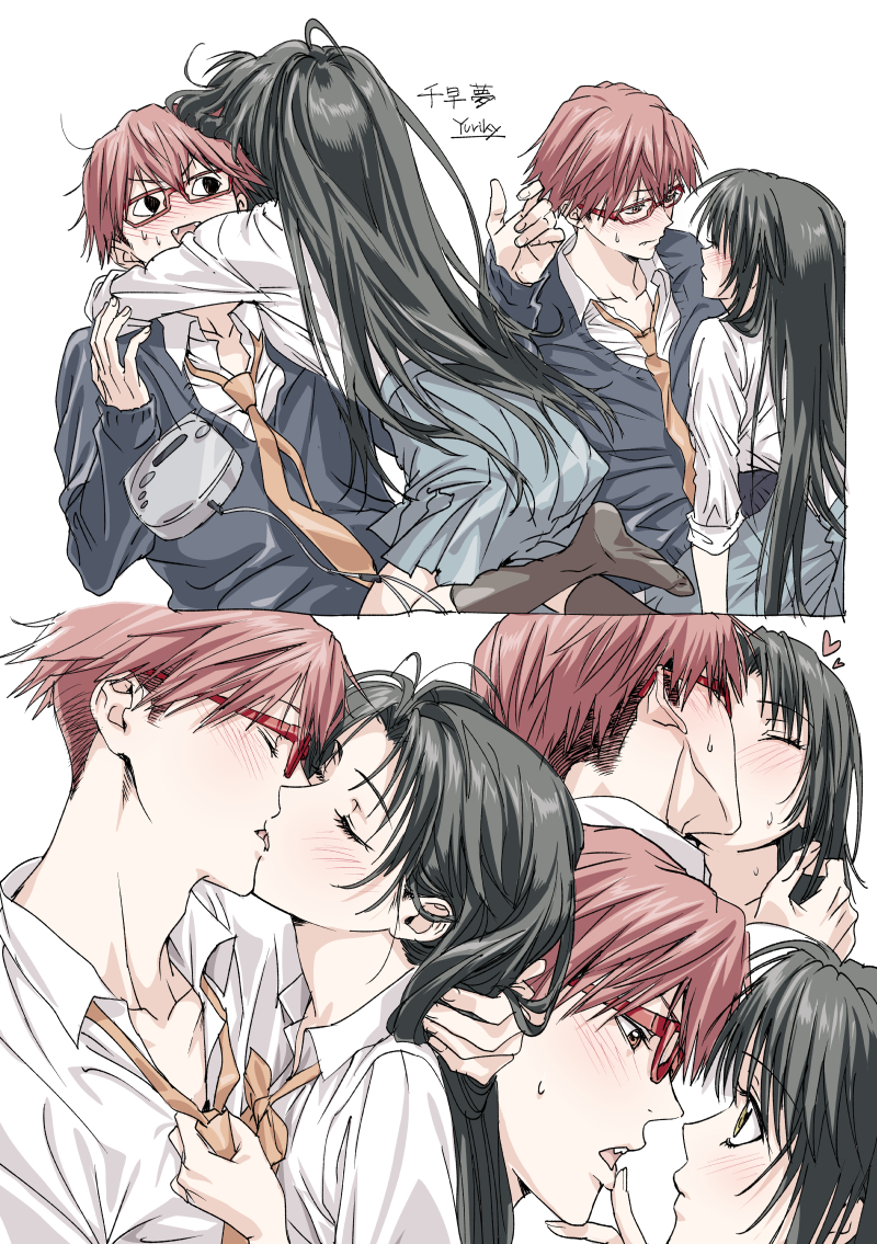 nishita, chihaya shunpei, boukyaku battery, original, commentary request, <o> <o>, 1boy, 1girl, biting own lip, black hair, black socks, black sweater, blue skirt, blush, cd player, cd walkman, closed eyes, clothes grab, couple, curtained hair, embarrassed, finger to another's mouth, hair between eyes, hair intakes, hand on another's neck, heart, hetero, kiss, kneehighs, long hair, long sleeves, loose necktie, middle part, multiple views, necktie, necktie grab, neckwear grab, no shoes, oc x canon, open collar, open mouth, parted bangs, pleated skirt, red-framed eyewear, red eyes, red hair, school uniform, shirt, short hair, sidelocks, skirt, sleeves past wrists, socks, straight hair, sweatdrop, sweater, tsurime, undercut, very long hair, white background, white shirt, wing collar, yellow eyes, yellow necktie