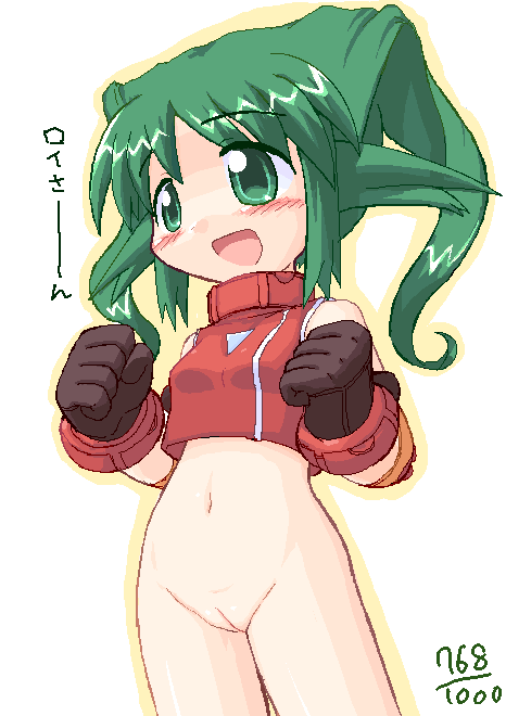 ikkyuu, solty revant, solty rei, 00s, android, blush, bottomless, breasts, cleft of venus, gloves, green eyes, green hair, loli, navel, open mouth, pussy, simple background, small breasts
