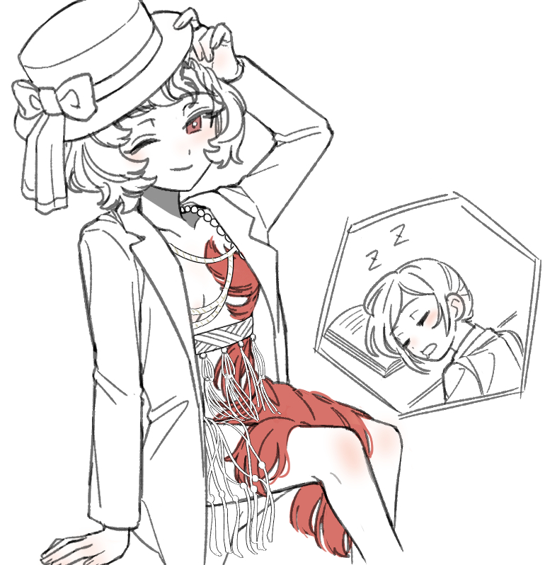 ioi 33333, schneider (reverse:1999), vertin (reverse:1999), reverse:1999, commentary request, korean commentary, 2girls, ;), arm support, boater hat, book, bow, coat, dress, drooling, feather dress, feet out of frame, hand on headwear, hat, hat bow, headwear switch, jewelry, lineart, looking at viewer, mouth drool, multiple girls, necklace, one eye closed, open book, open clothes, open coat, open mouth, red dress, red eyes, short dress, short hair, sitting, sleeping, sleeping on desk, smile, solo focus, spot color, white background, zzz