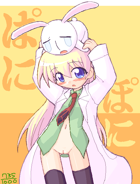 ikkyuu, mesousa, rebecca miyamoto, pani poni dash!, 00s, 1girl, animal, animal on head, black thighhighs, blonde hair, blue eyes, blush, bottomless, cleft of venus, green shirt, jacket, lab coat, loli, long hair, long sleeves, looking at viewer, navel, necktie, on head, open clothes, open jacket, open mouth, pussy, rabbit, red necktie, shirt, standing, thigh gap, thighhighs, uncensored, white jacket, yellow background