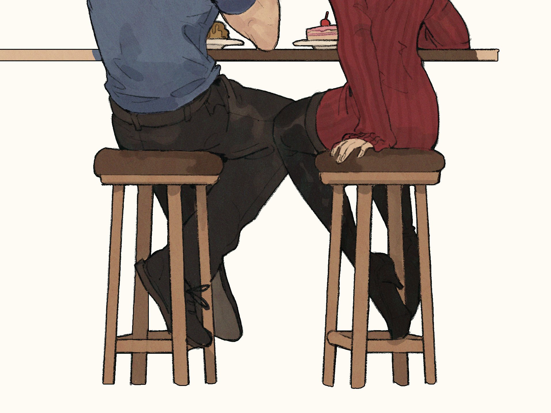 ada wong, leon s. kennedy, resident evil, resident evil 4, commentary, english commentary, highres, 1boy, 1girl, bar stool, black boots, black pants, black pantyhose, black shoes, blue shirt, boots, cake, crossed ankles, dress, eating, food, long sleeves, lower body, pants, pantyhose, quo theraven, red dress, ribbed dress, ribbed sweater, shirt, shoes, short dress, short sleeves, sitting, stool, sweater, sweater dress, white background