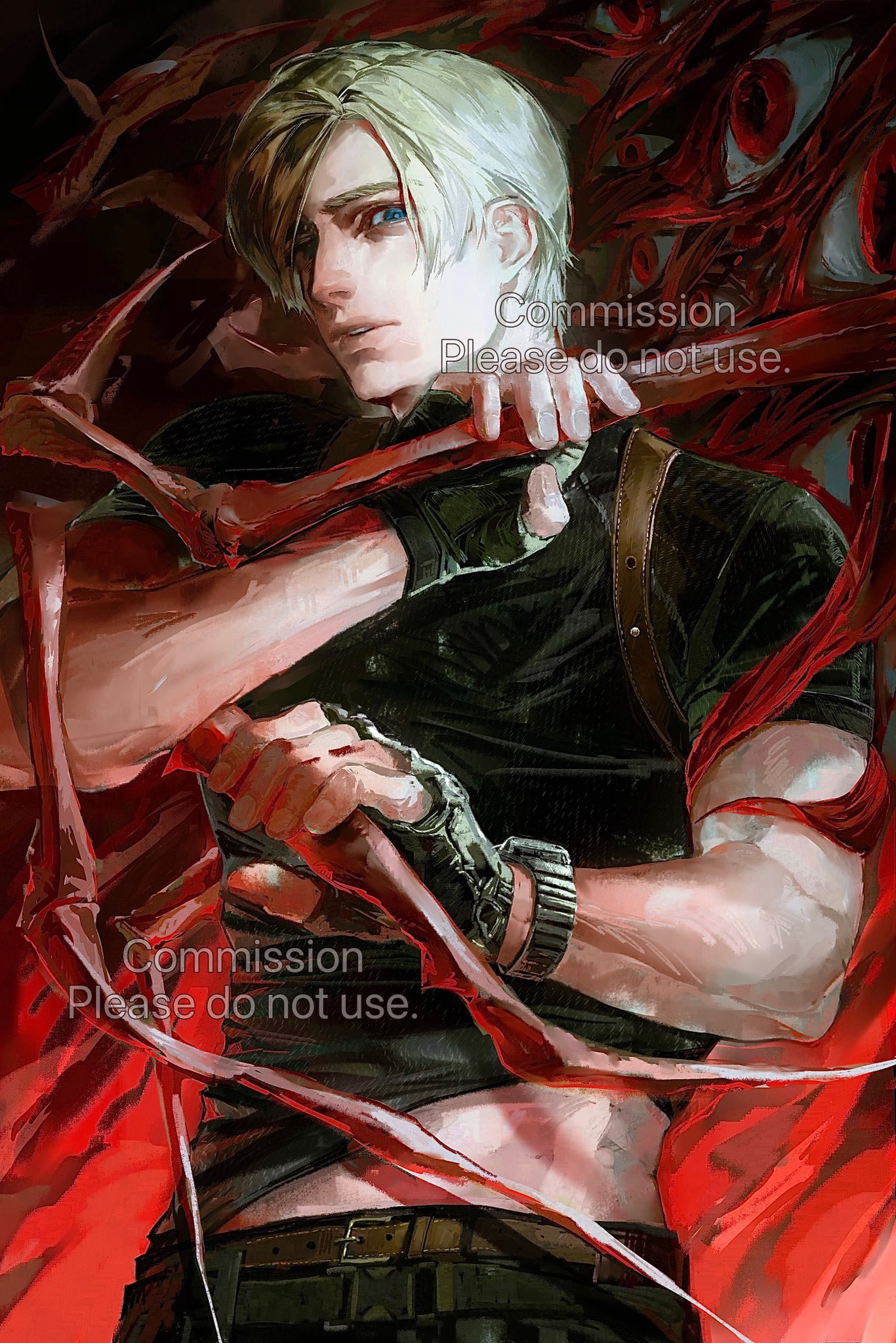 leon s. kennedy, resident evil, resident evil 4, commentary, commission, highres, symbol-only commentary, 1boy, belt, black gloves, black pants, black shirt, blonde hair, blue eyes, brown belt, extra eyes, fingerless gloves, gloves, looking at viewer, male focus, midriff peek, pants, parted bangs, parted lips, quo theraven, shirt, short hair, short sleeves, solo, upper body, watch, wristwatch