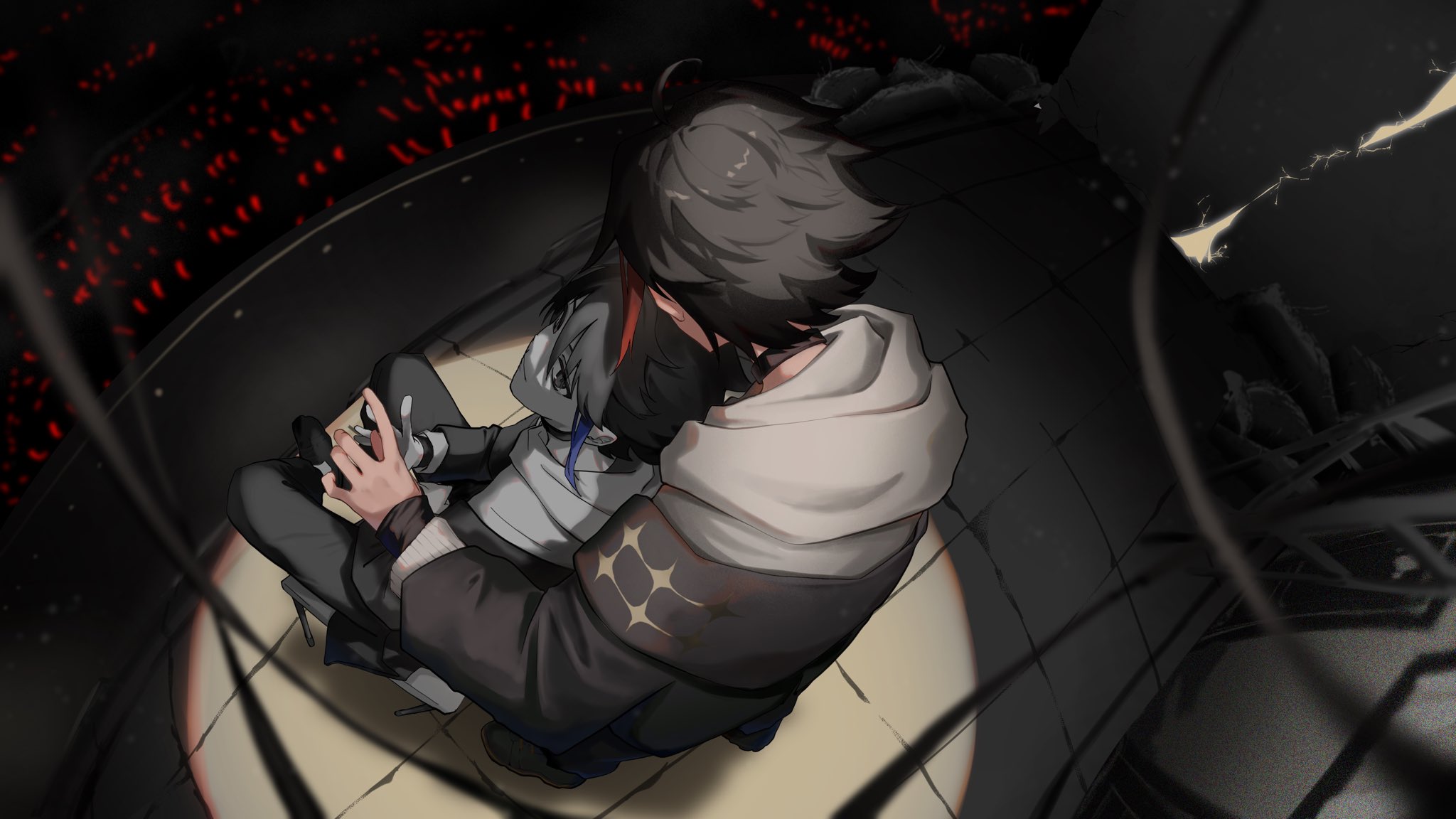 saegusa akina, saegusa akina (1st costume), nijisanji, hashtag-only commentary, highres, 1boy, ahoge, black hair, black jacket, closed mouth, facing away, from above, hood, hoodie, jacket, long sleeves, looking at another, male focus, multicolored hair, multiple views, ryaa ko, short hair, streaked hair, tile floor, tiles, virtual youtuber, white hoodie