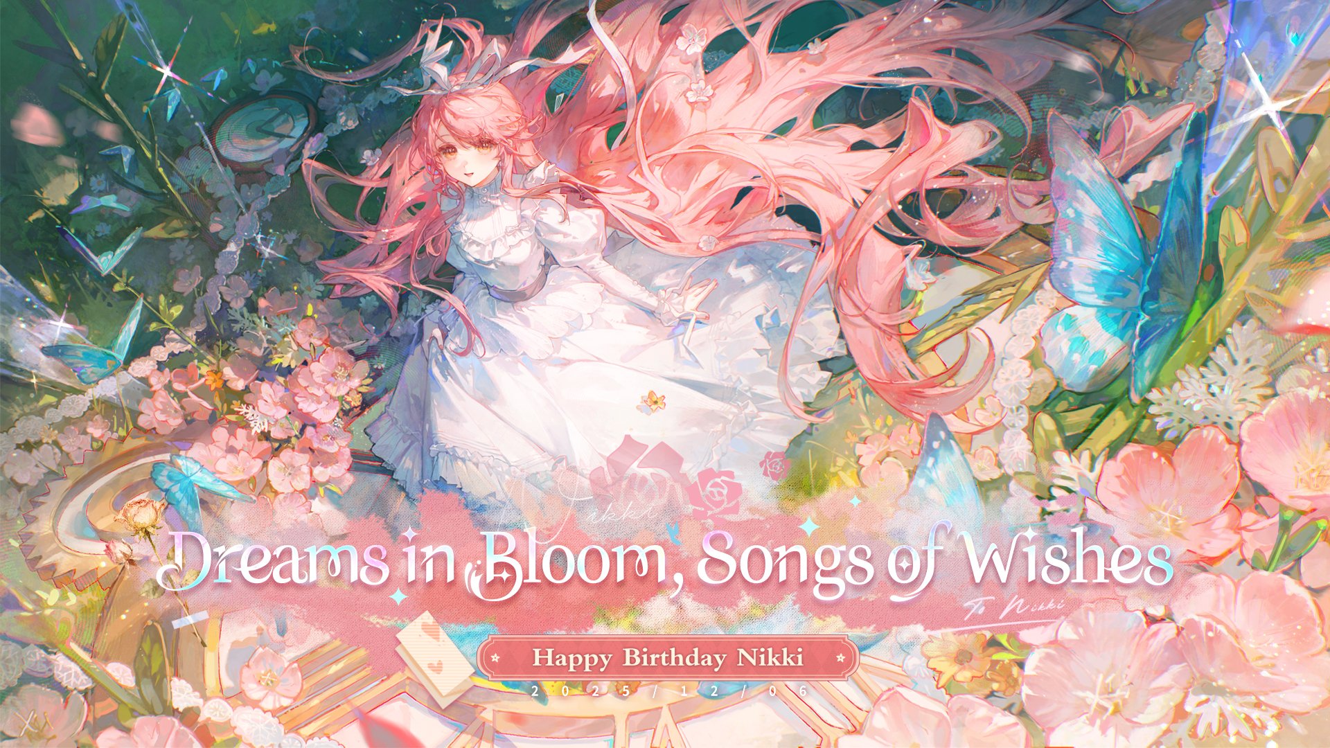 maccha (mochancc), nikki (nikki), infinity nikki, nikki (series), commentary, english commentary, highres, official art, second-party source, 1girl, absurdly long hair, bamboo, belt, bib collar, blue butterfly, bow, brown eyes, bug, butterfly, character name, cherry blossoms, clock, collar, crystal, dated, day, dress, english text, floating clothes, floating hair, flower, frilled collar, frilled dress, frilled wrist cuffs, frills, full body, gears, grey belt, hair flower, hair ornament, hair ribbon, happy, happy birthday, heart, insect, juliet sleeves, light particles, long dress, long hair, long sidelocks, long sleeves, nail polish, nape braid, open mouth, outdoors, pink flower, pink hair, pink nails, puffy sleeves, ribbon, sidelocks, skirt hold, sleeves past wrists, smile, solo, sparkle, standing, very long hair, wavy hair, white bow, white collar, white dress, white ribbon, white wrist cuffs, wind, wrist bow, wrist cuffs