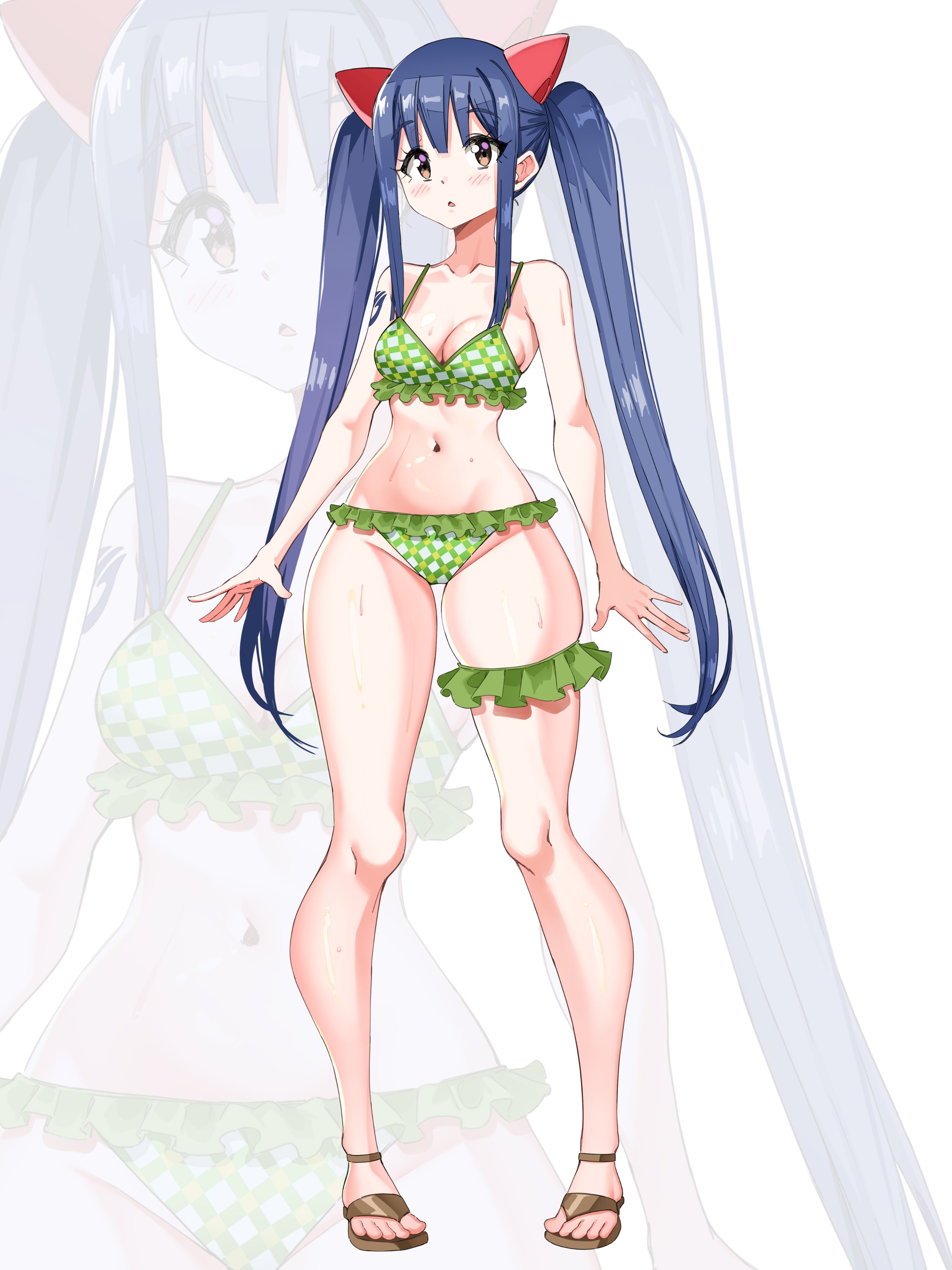 i am anddo, wendy marvell, fairy tail, absurdres, commentary, english commentary, highres, 1girl, bikini, blue hair, breasts, brown eyes, brown sandals, cleavage, collarbone, frilled bikini, frilled thigh strap, frills, full body, green bikini, hairpods, light blush, long hair, looking at viewer, navel, parted lips, sandals, shoulder tattoo, small breasts, solo, standing, swimsuit, tattoo, thigh strap, twintails, very long hair, white background, zoom layer