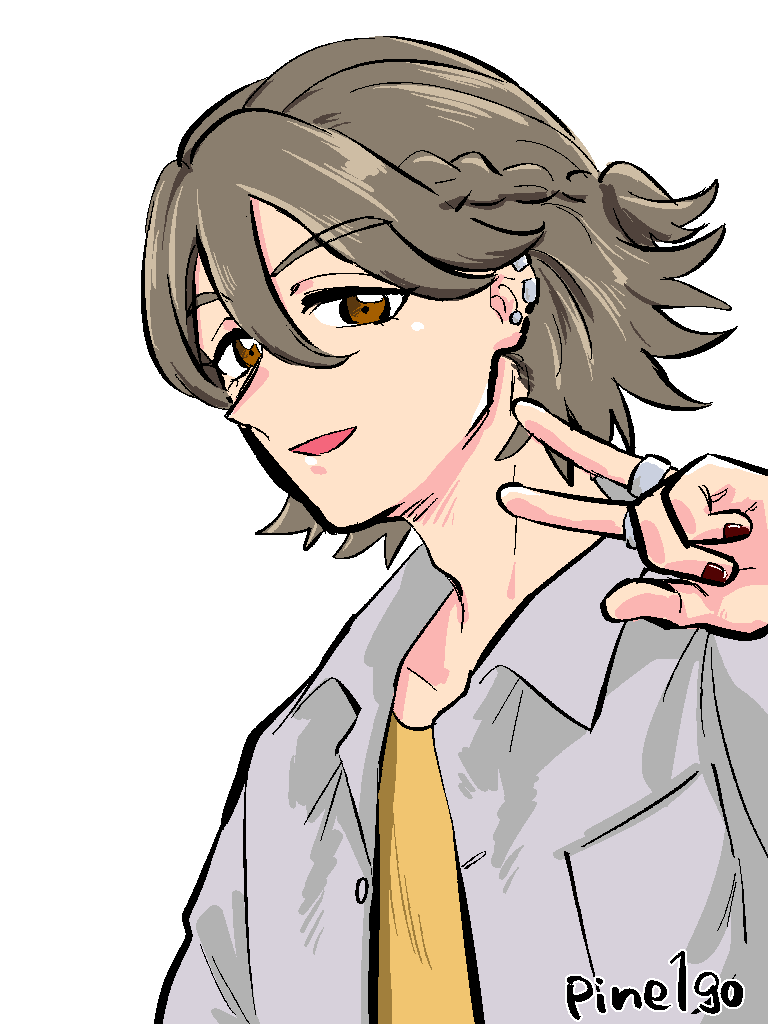 pineapple 1-gou, kimi to idol precure, precure, 1boy, braid, brown eyes, collarbone, earrings, hair between eyes, half up bun, jewelry, jogi (precure), kazuma (precure), looking at viewer, mature male, multiple earrings, nail polish, neck, parted bangs, red nails, ring, school uniform, shirt, solo, solo focus, twitter username, upper body, v, white shirt