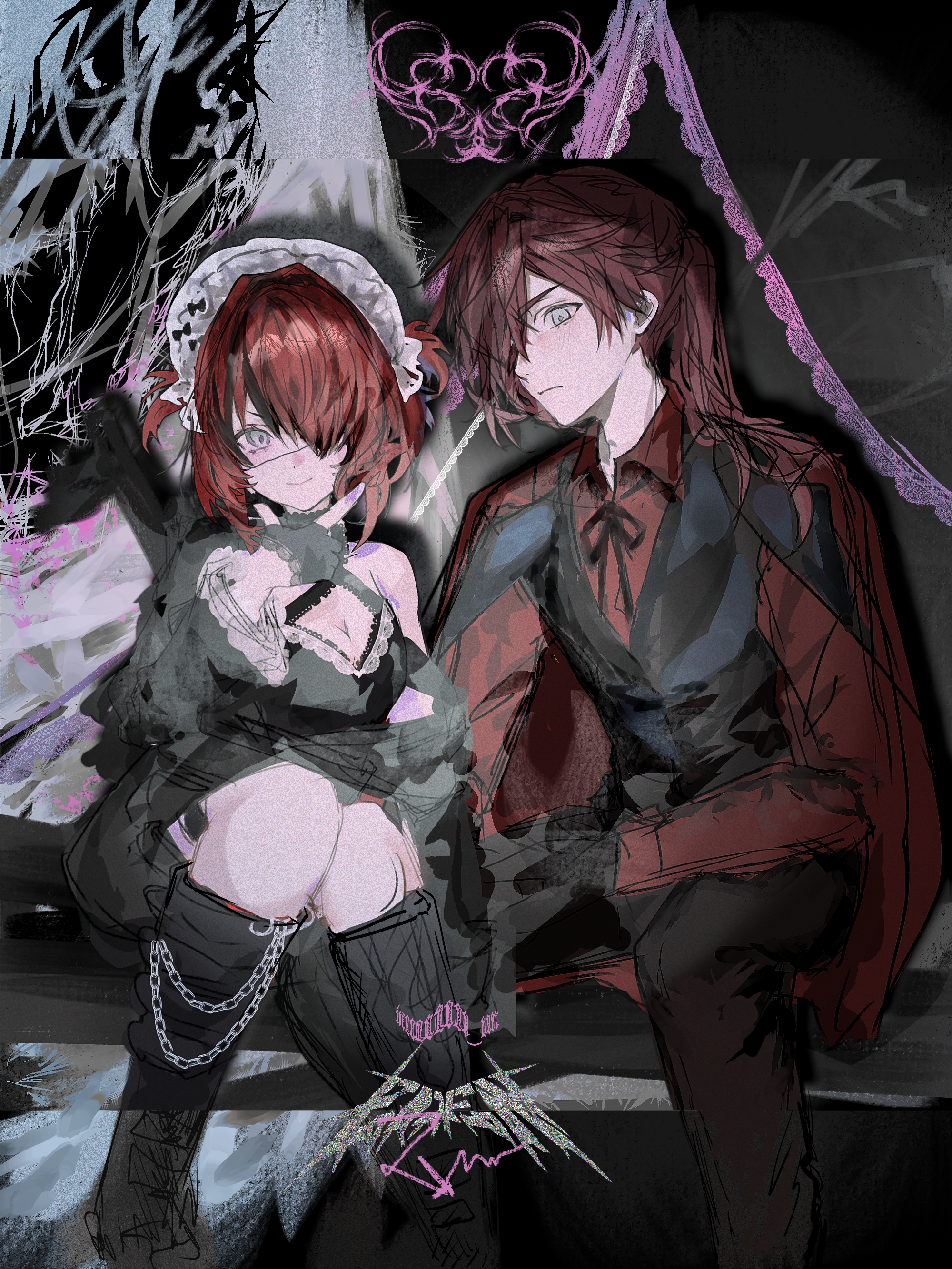 lain paterson, lauren iroas, lauren iroas (4th costume), nijisanji, absurdres, commentary request, highres, 1boy, 1girl, black gloves, black socks, black vest, breasts, chain, cleavage, closed mouth, gloves, green eyes, hair between eyes, hair over one eye, inuuuu un, jacket, jacket on shoulders, kneehighs, knees together feet apart, long hair, looking at viewer, maid headdress, official alternate costume, ponytail, red hair, red jacket, red shirt, shirt, sitting, smile, socks, two side up, vest, virtual youtuber