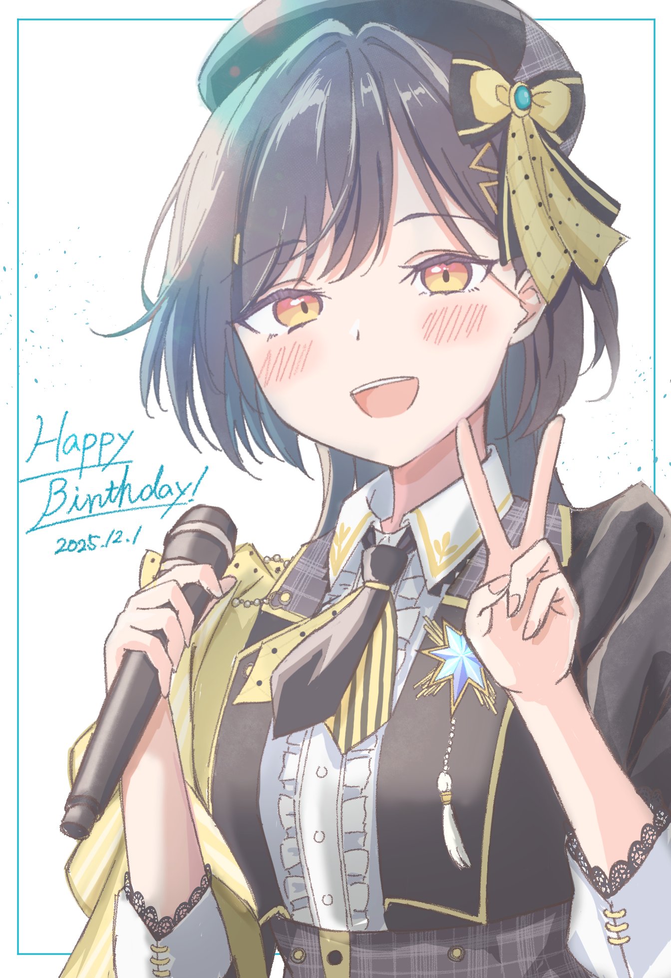 iroha (nami3), katsuragi izumi, link! like! love live!, love live!, commentary, highres, 1girl, :d, beret, black bow, black hair, black hat, black necktie, bow, center frills, collared shirt, cursive, dated, dress shirt, frilled shirt, frills, hair bow, happy birthday, hat, holding, holding microphone, jellyfish cut, layered necktie, long hair, looking at viewer, microphone, necktie, official alternate costume, open mouth, orange eyes, shirt, simple background, smile, solo, striped clothes, teeth, theater ikizama, upper teeth only, v, vertical-striped clothes, vertical-striped necktie, virtual youtuber, white background, white shirt, yellow bow, yellow necktie