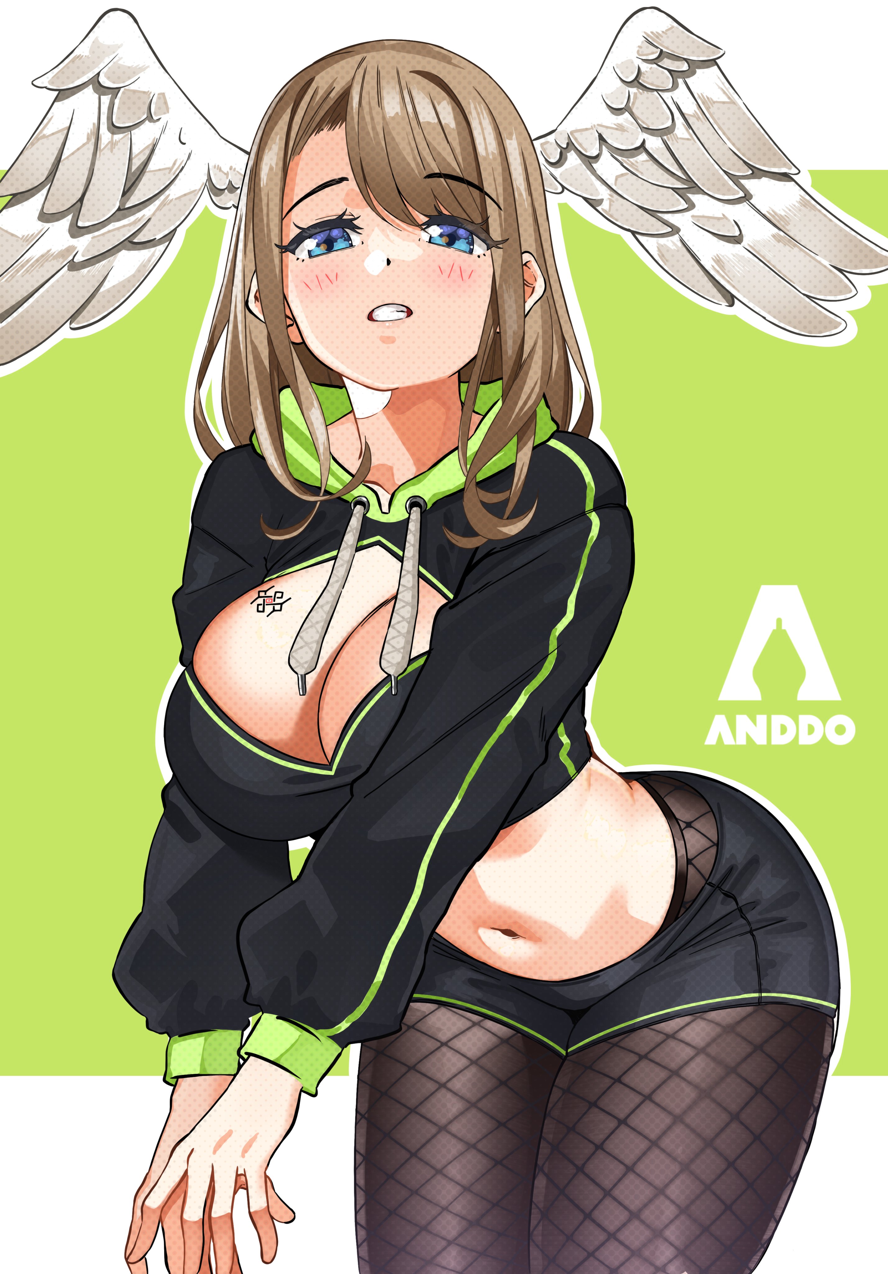 i am anddo, eunie (xenoblade), xenoblade chronicles (series), xenoblade chronicles 3, absurdres, commentary, commission, english commentary, highres, 1girl, adapted costume, artist logo, artist name, black horns, black shorts, blue eyes, border, breast tattoo, breasts, brown hair, cleavage, cleavage cutout, clothing cutout, cowboy shot, cropped hoodie, feathered wings, fishnet pantyhose, fishnets, green background, head wings, hood, hoodie, horns, large breasts, leaning forward, letterboxed, logo, medium hair, midriff, navel, outline, outside border, pantyhose, short shorts, shorts, solo, tattoo, white border, white outline, white wings, wings
