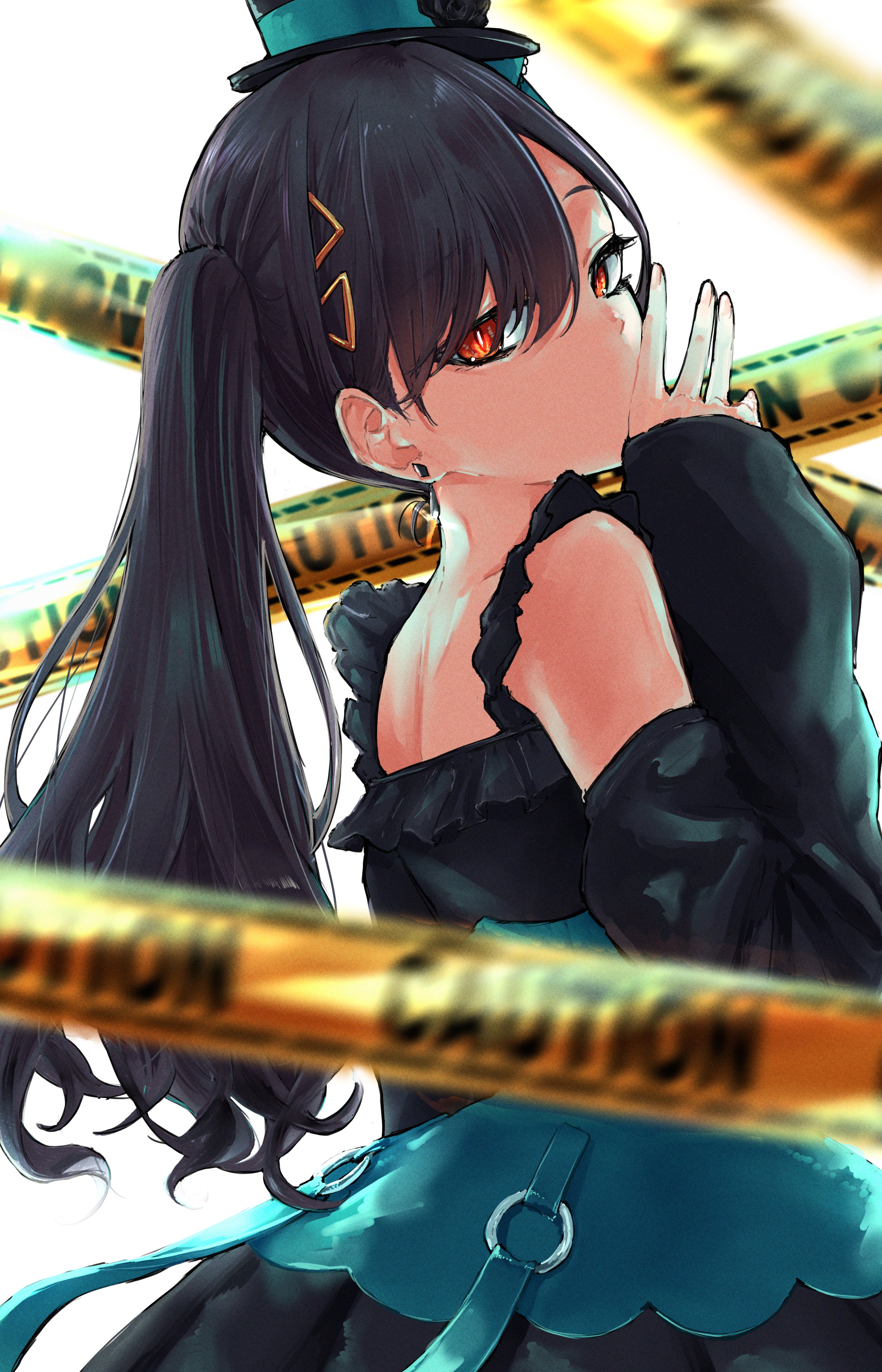 mendo (mend0o0), katsuragi izumi, link! like! love live!, love live!, absurdres, commentary, highres, 1girl, bare shoulders, black dress, black hair, black hat, bright pupils, caution tape, detached sleeves, dress, frilled dress, frills, from behind, hair ornament, hat, long hair, long sleeves, looking at viewer, looking back, mini hat, new black (love live!), official alternate costume, orange eyes, side ponytail, sleeveless, sleeveless dress, sleeves past wrists, slit pupils, solo, triangle hair ornament, virtual youtuber, white pupils